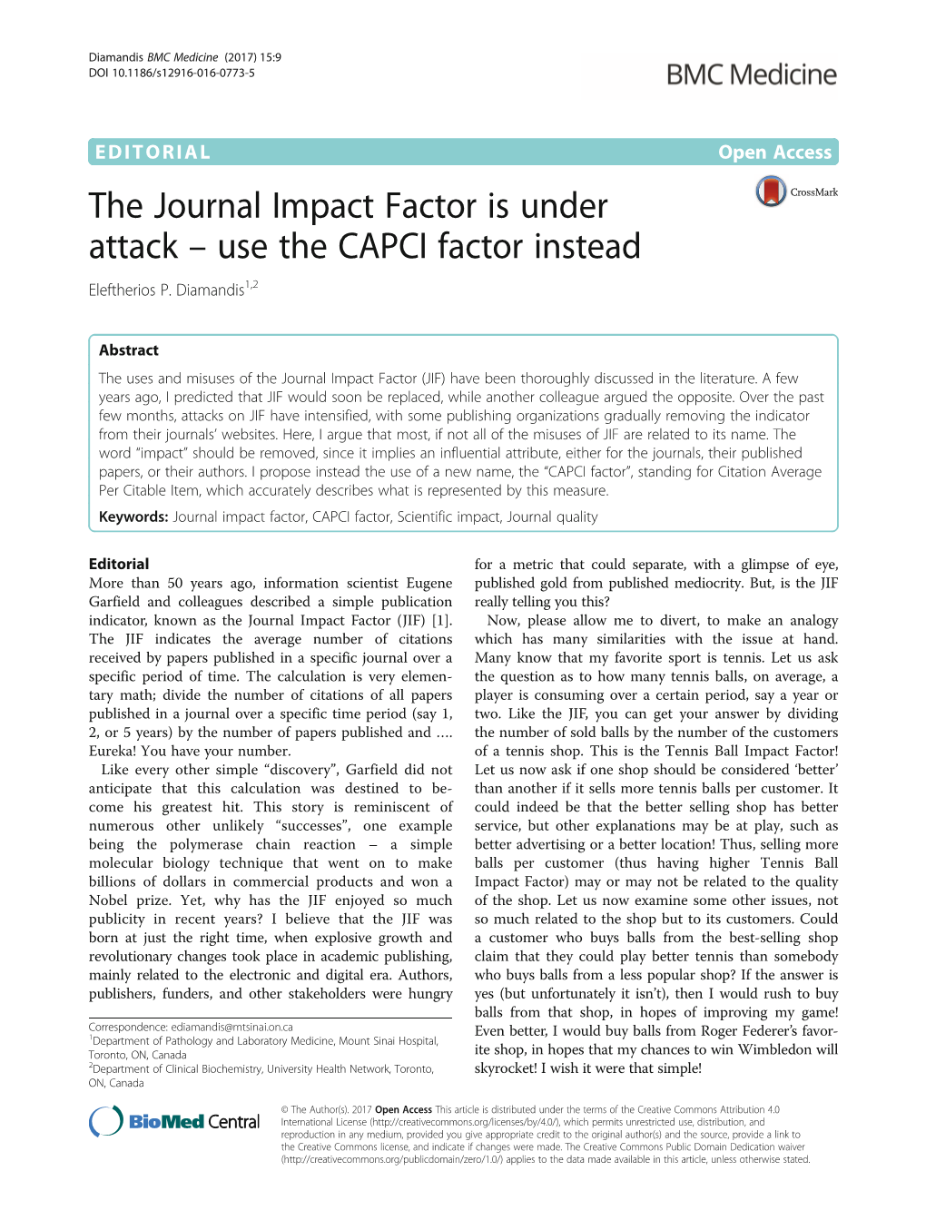 The Journal Impact Factor Is Under Attack – Use the CAPCI Factor Instead Eleftherios P