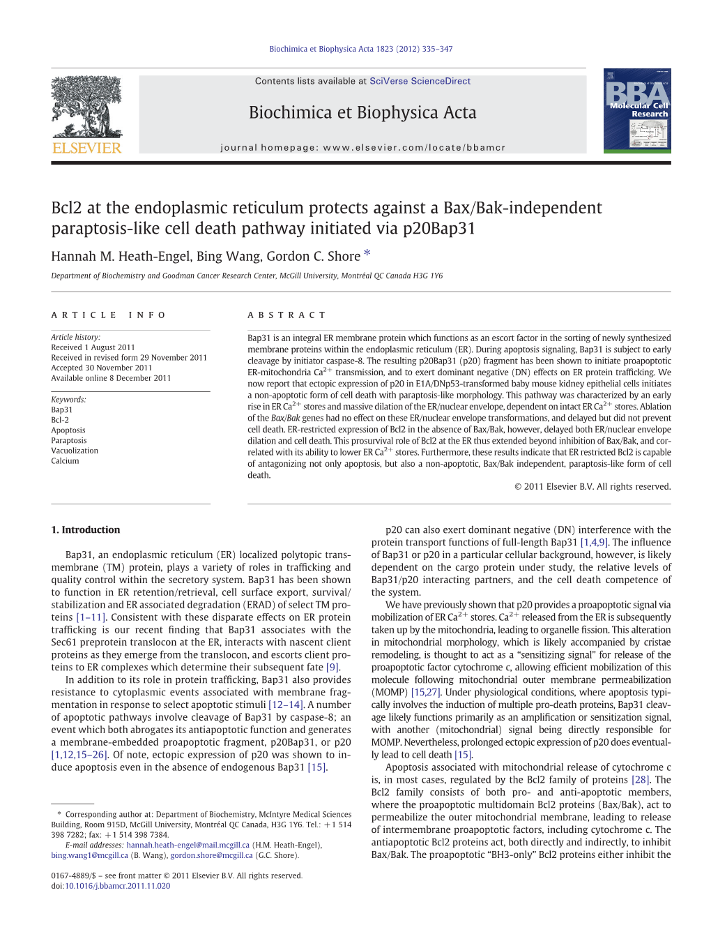 Bcl2 at the Endoplasmic Reticulum Protects Against a Bax/Bak-Independent Paraptosis-Like Cell Death Pathway Initiated Via P20bap31