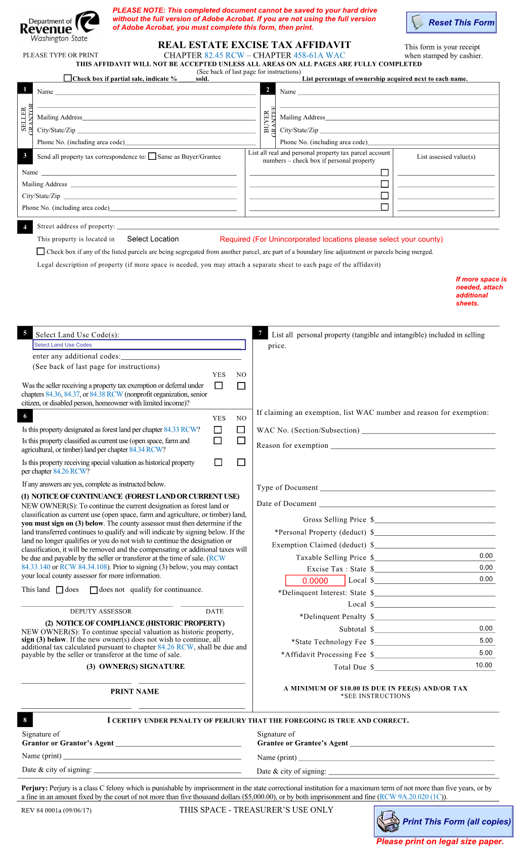 REAL ESTATE EXCISE TAX AFFIDAVIT This Form Is Your Receipt PLEASE TYPE OR PRINT CHAPTER 82.45 RCW – CHAPTER 458-61A WAC When Stamped by Cashier