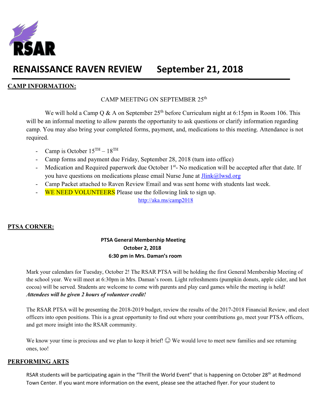 RENAISSANCE RAVEN REVIEW September 21, 2018