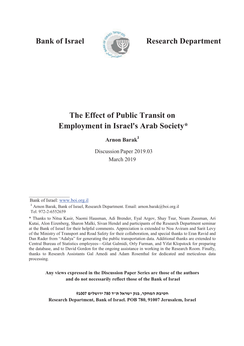 The Effect of Public Transit on Employment in Israel's Arab Society*