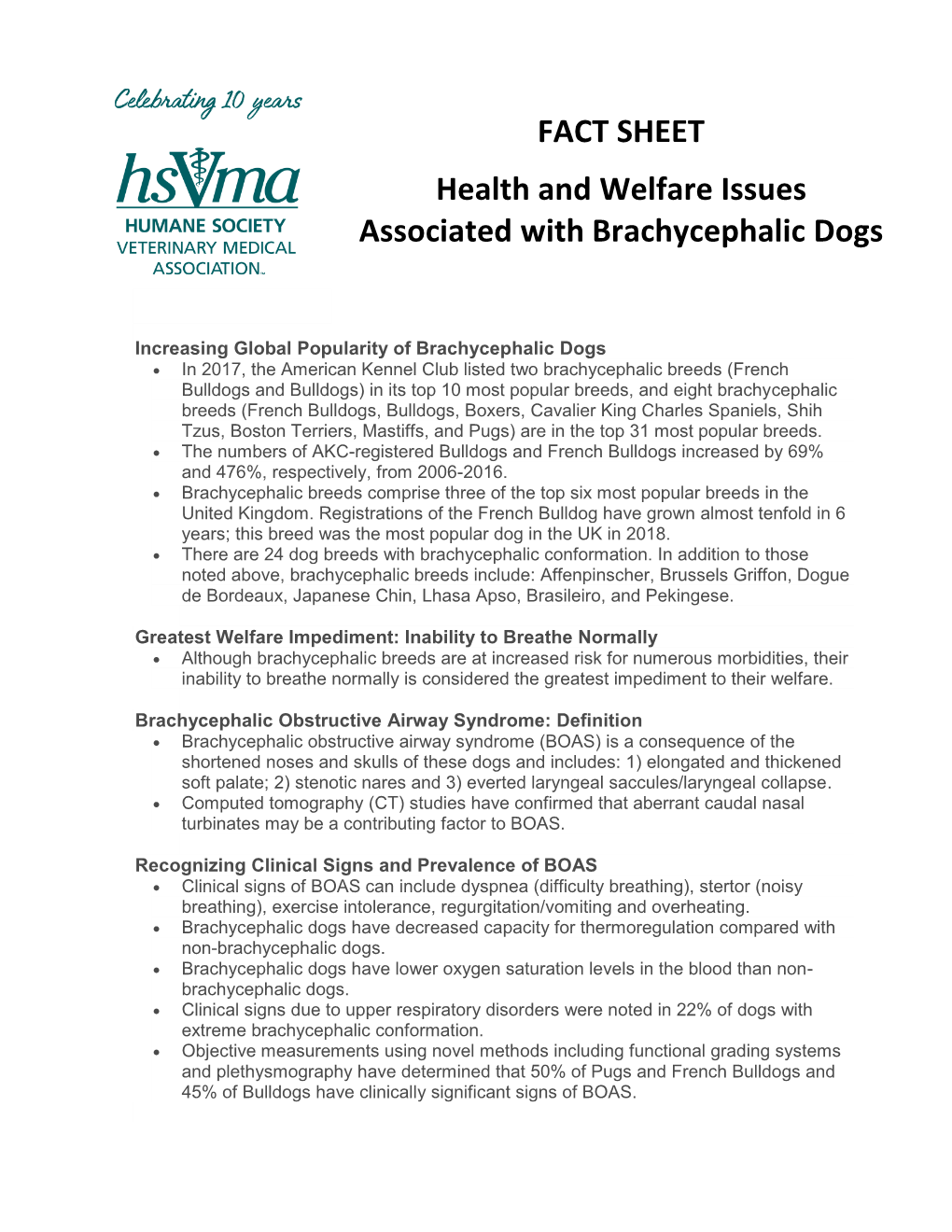 FACT SHEET Health and Welfare Issues Associated with Brachycephalic Dogs