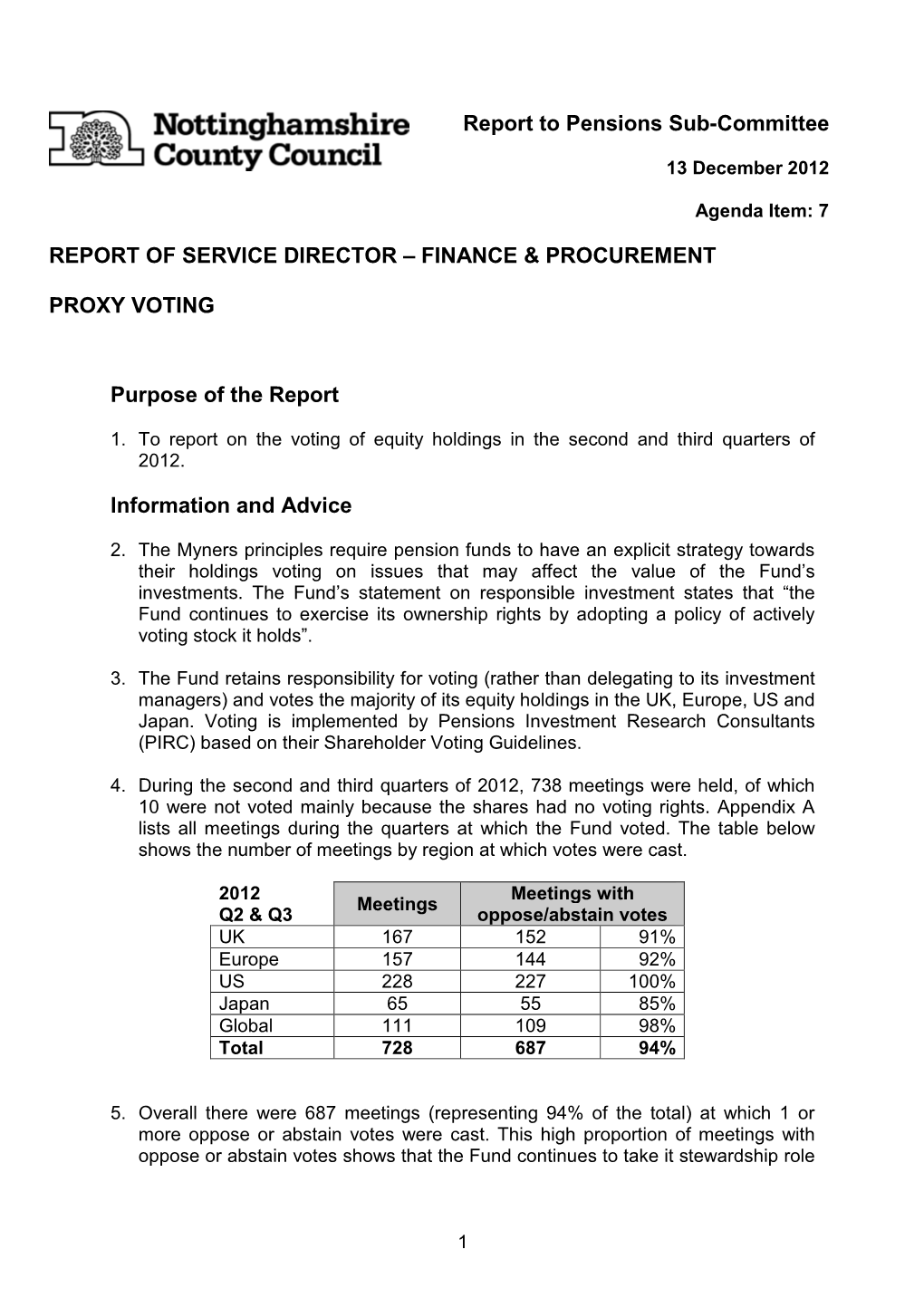 Report to Pensions Sub-Committee REPORT of SERVICE DIRECTOR – FINANCE & PROCUREMENT PROXY VOTING Purpose of the Report