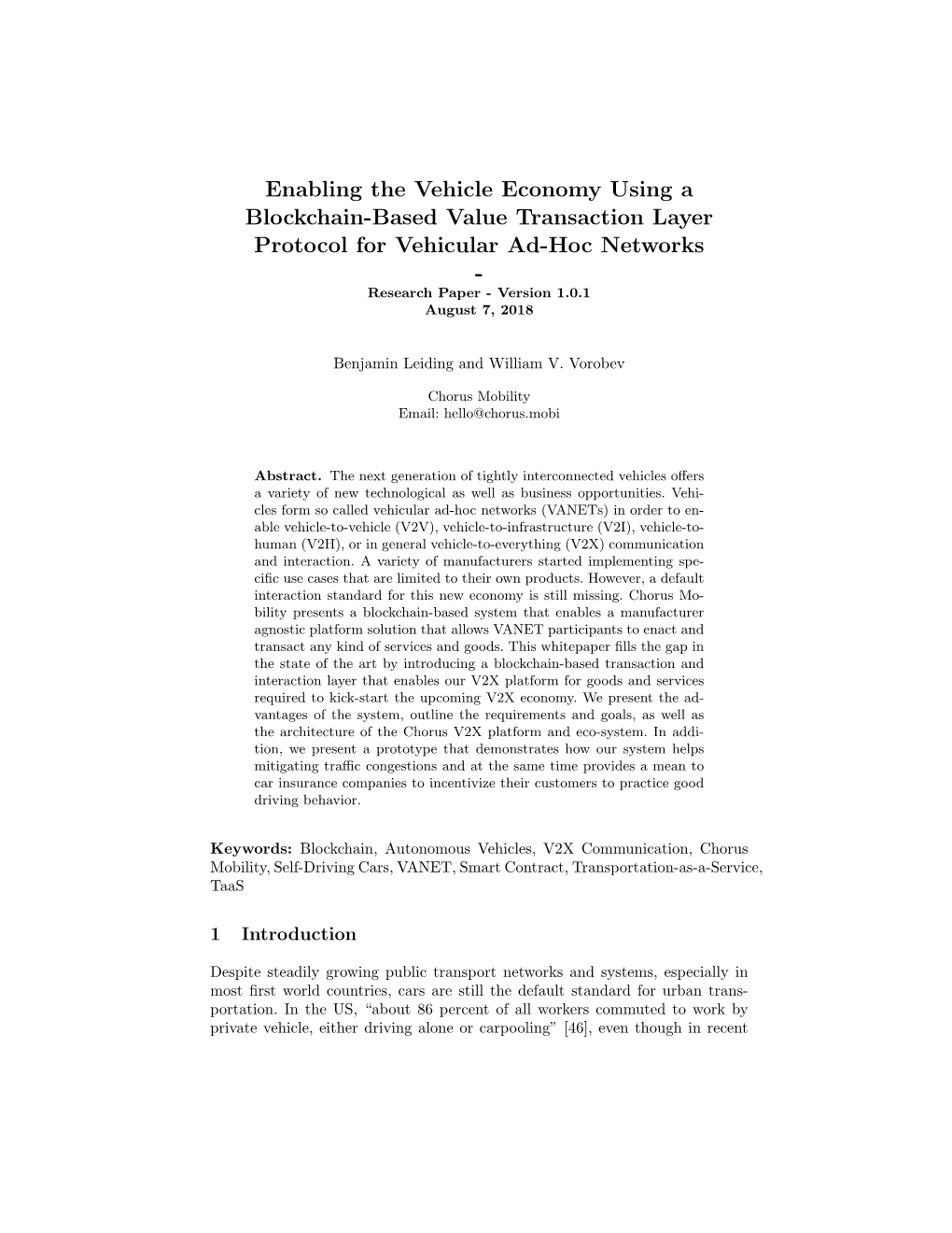 Enabling the Vehicle Economy Using a Blockchain-Based Value Transaction Layer Protocol for Vehicular Ad-Hoc Networks - Research Paper - Version 1.0.1 August 7, 2018
