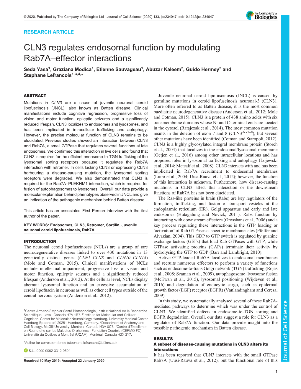 CLN3 Regulates Endosomal Function by Modulating Rab7a–Effector