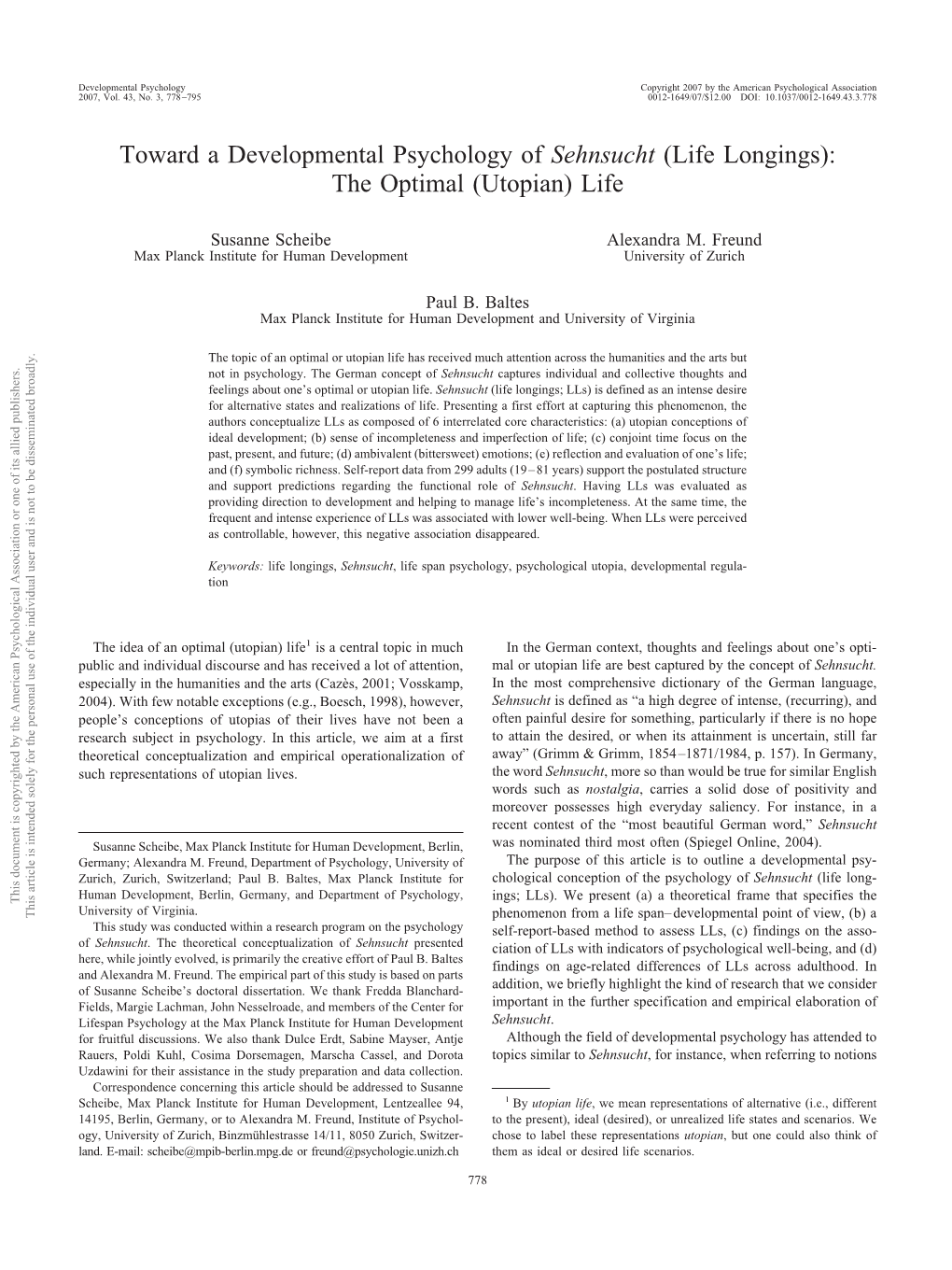 Toward a Developmental Psychology of Sehnsucht (Life Longings): the Optimal (Utopian) Life