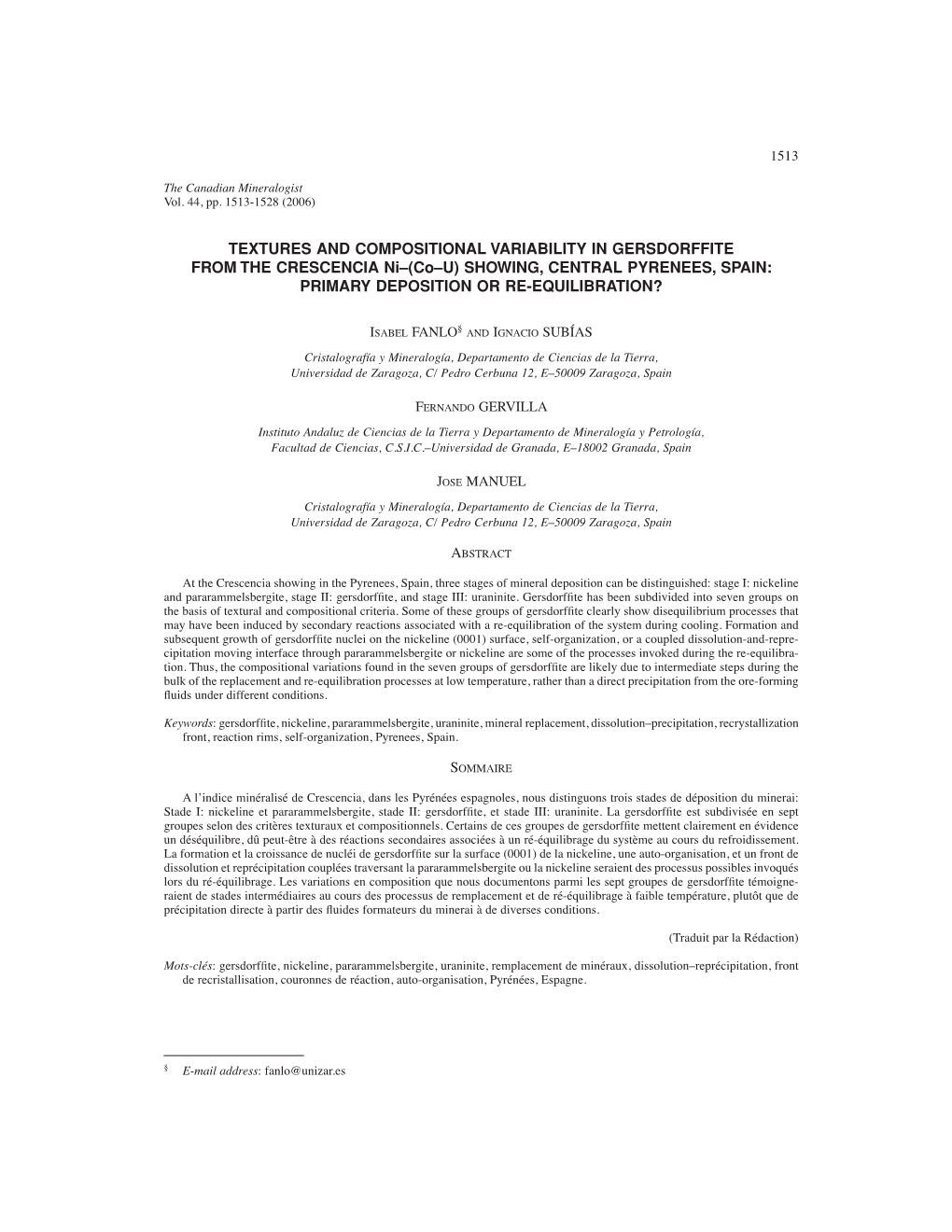 TEXTURES and COMPOSITIONAL VARIABILITY in GERSDORFFITE from the CRESCENCIA Ni–(Co–U) SHOWING, CENTRAL PYRENEES, SPAIN: PRIMARY DEPOSITION OR RE-EQUILIBRATION?