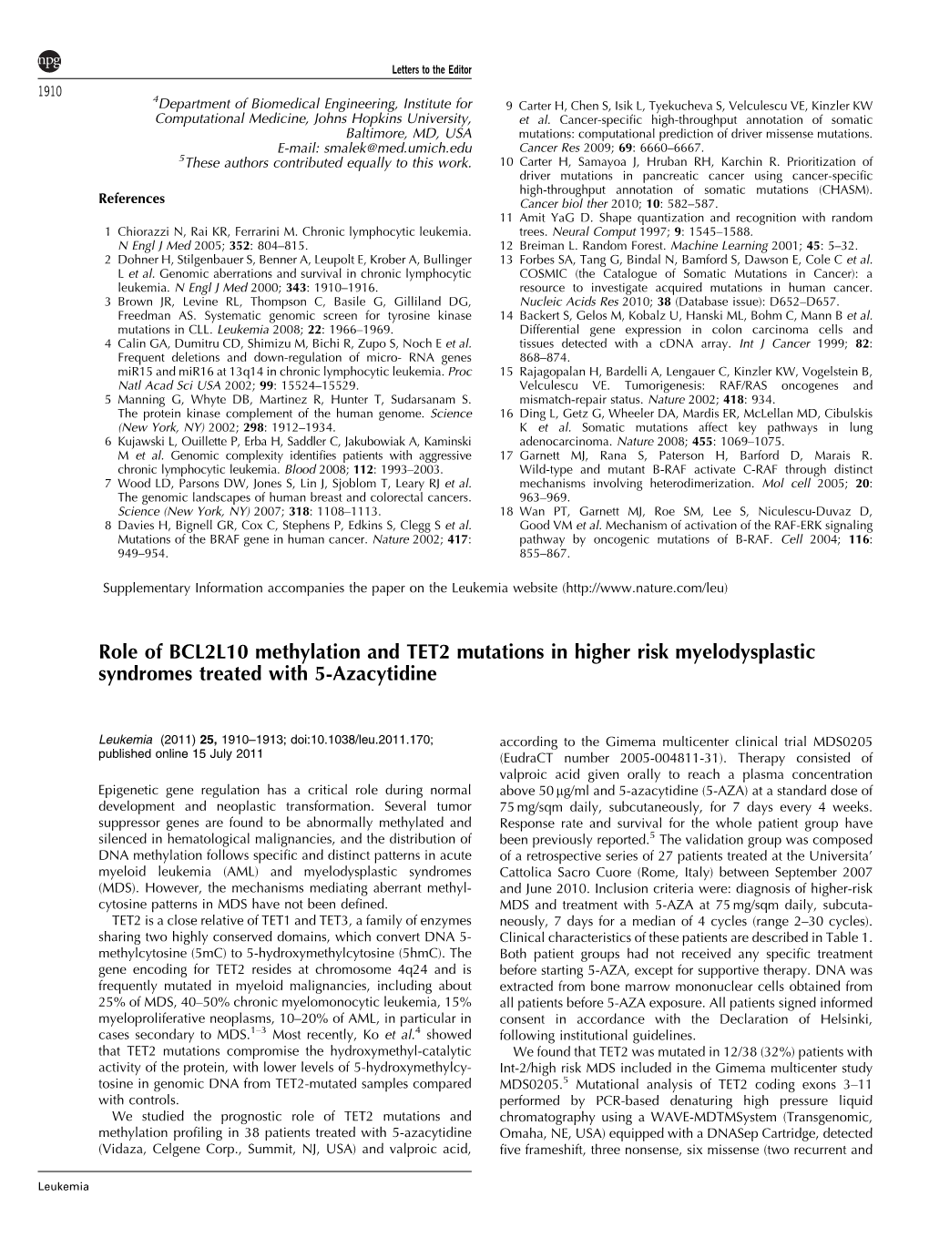 Role of BCL2L10 Methylation and TET2 Mutations in Higher Risk Myelodysplastic Syndromes Treated with 5-Azacytidine