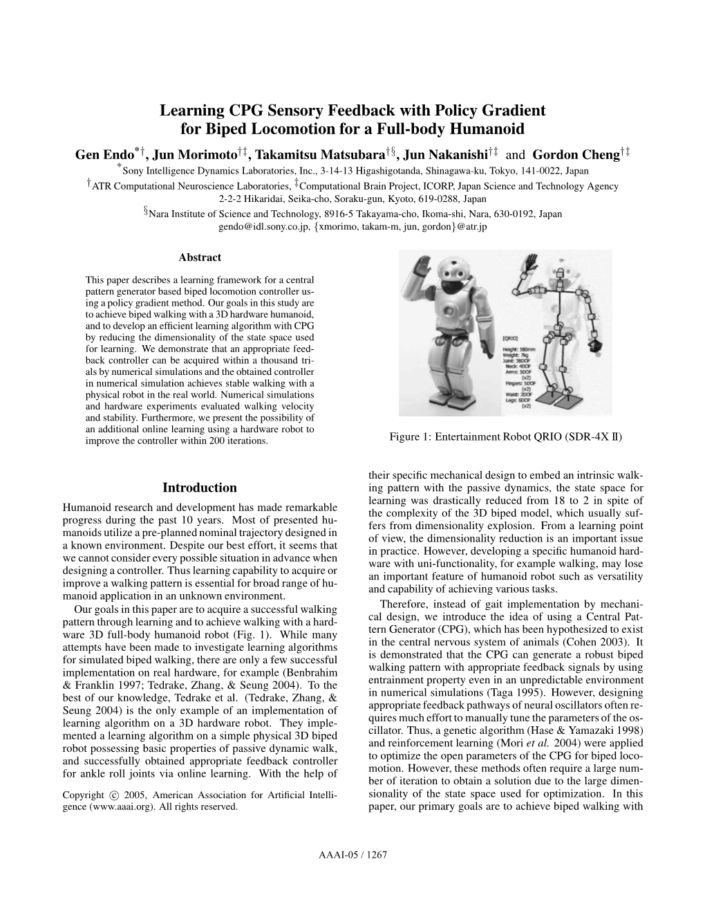 Learning CPG Sensory Feedback with Policy Gradient for Biped Locomotion for a Full-Body Humanoid