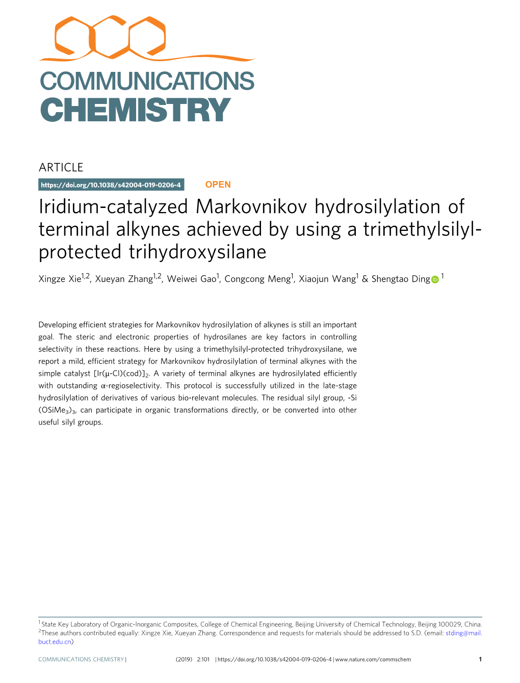 Iridium-Catalyzed Markovnikov Hydrosilylation of Terminal Alkynes Achieved by Using a Trimethylsilyl- Protected Trihydroxysilane