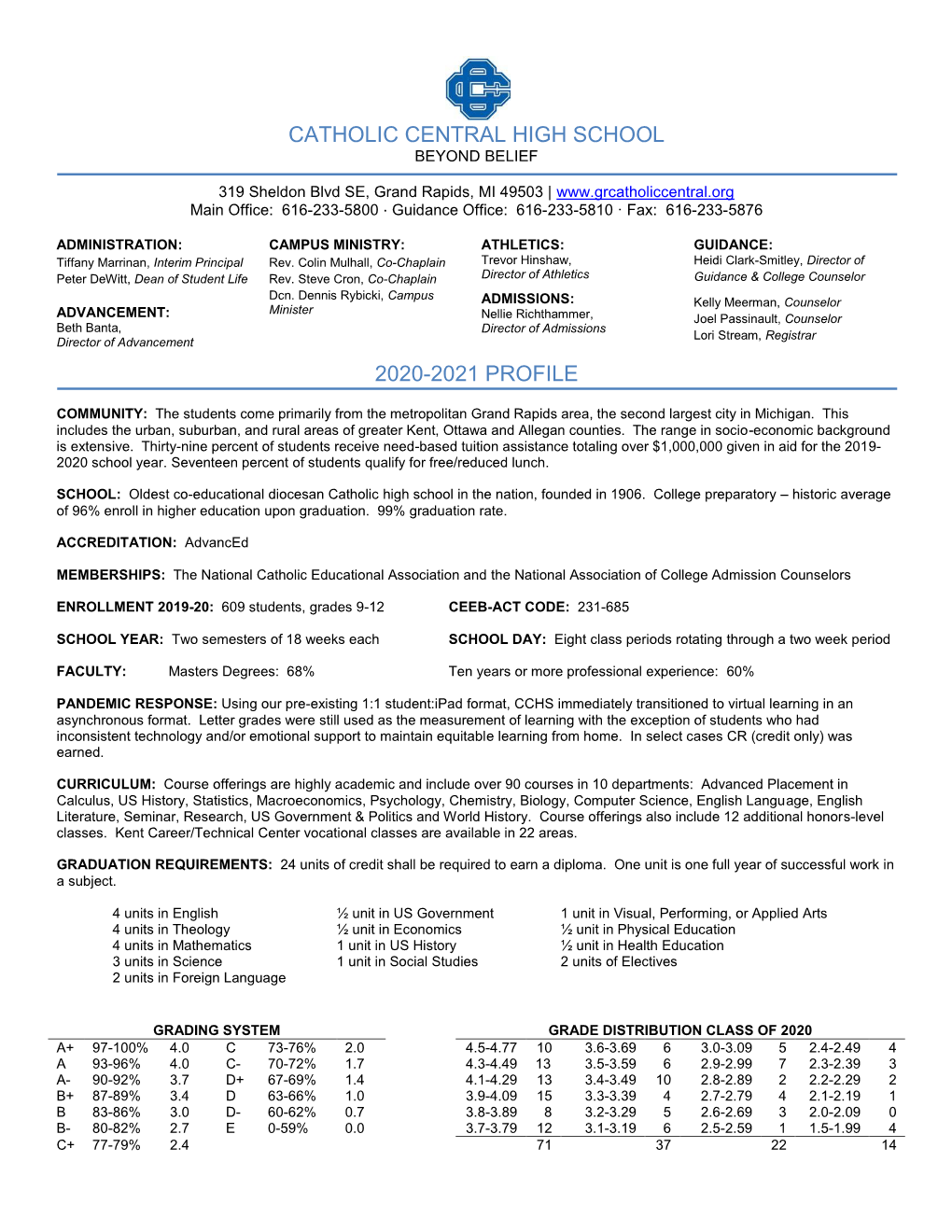 Catholic Central High School 2020-2021 Profile