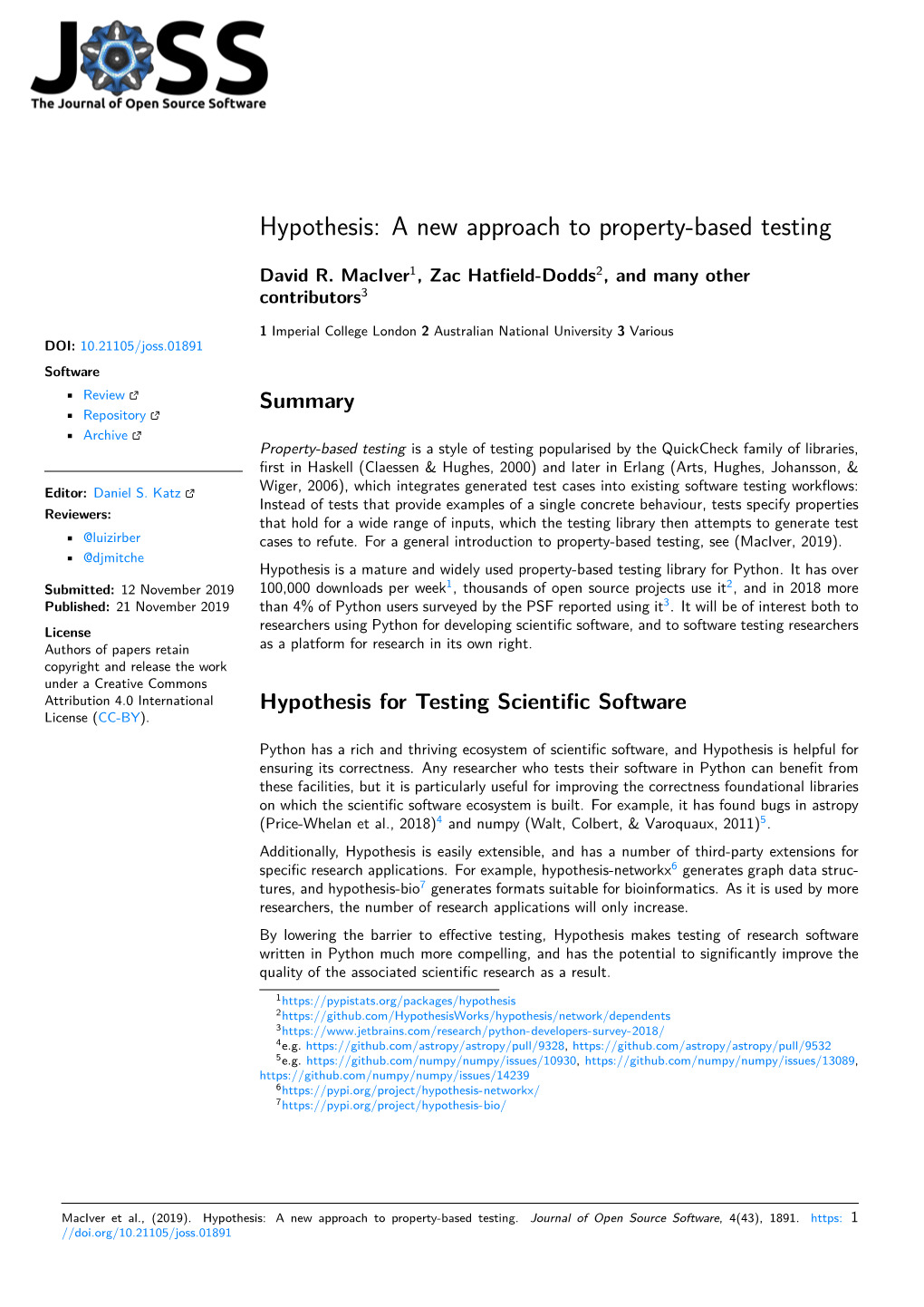 Hypothesis: a New Approach to Property-Based Testing