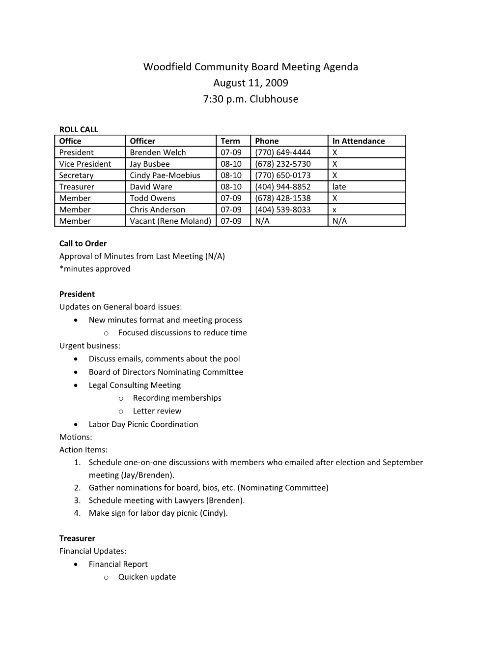 Woodfield Community Board Meeting Agenda