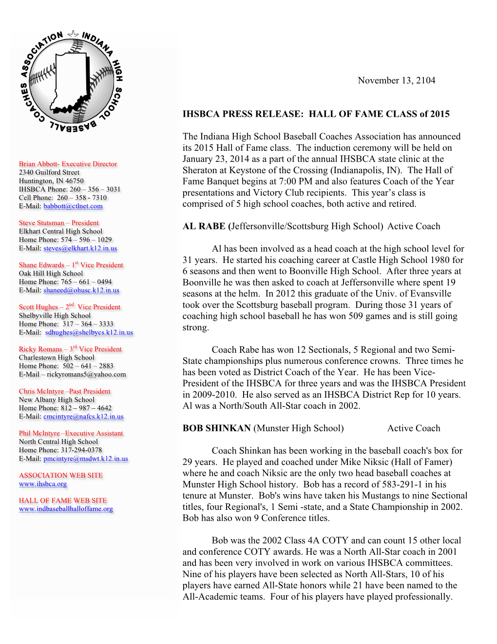 November 13, 2104 IHSBCA PRESS RELEASE