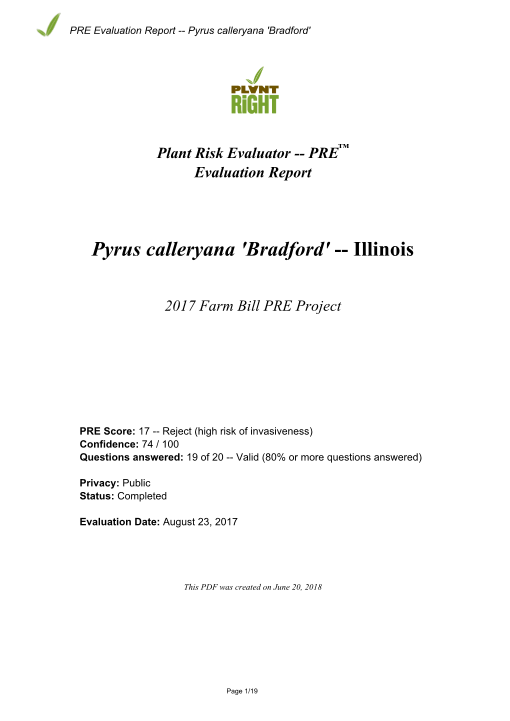 PRE Evaluation Report for Pyrus Calleryana 'Bradford'