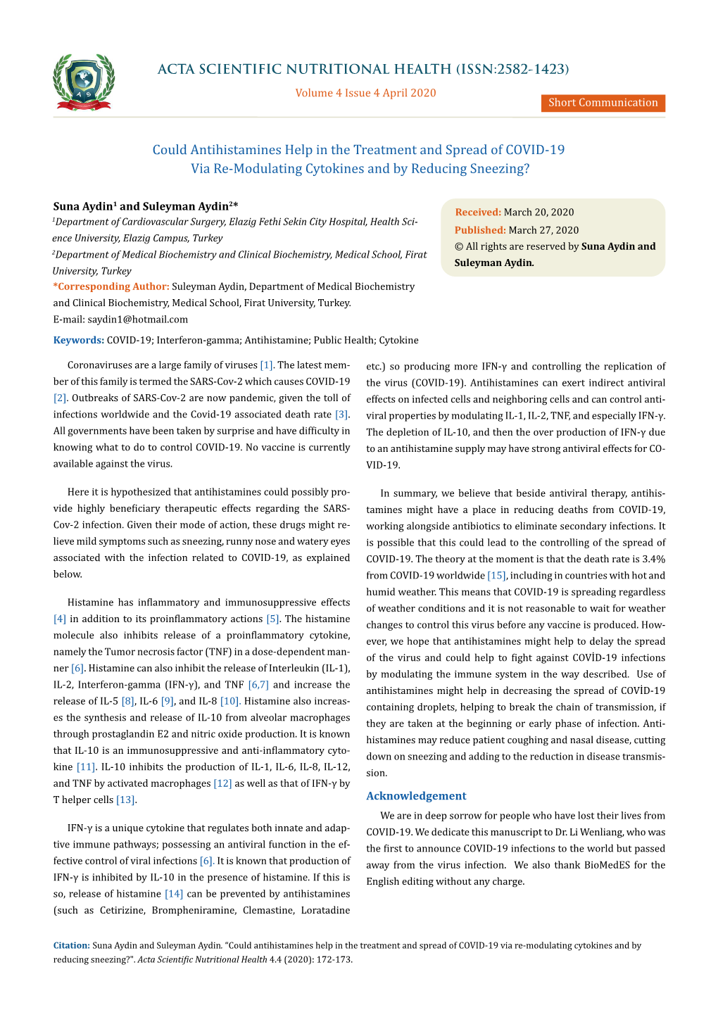 Could Antihistamines Help in the Treatment and Spread of COVID-19 Via Re-Modulating Cytokines and by Reducing Sneezing?