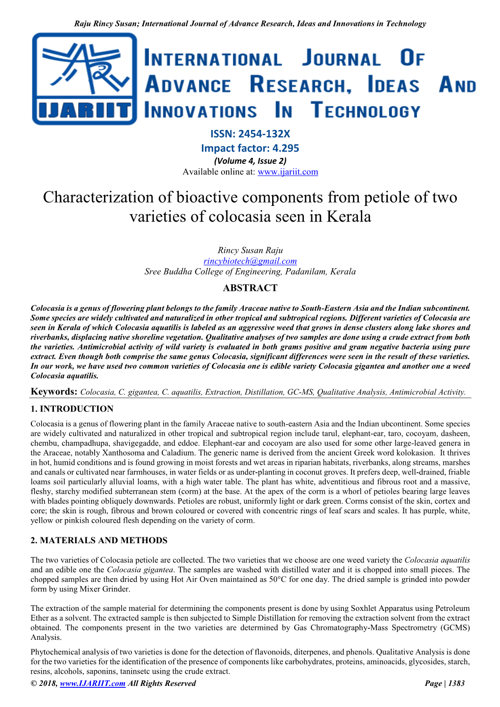 Characterization of Bioactive Components from Petiole of Two Varieties of Colocasia Seen in Kerala