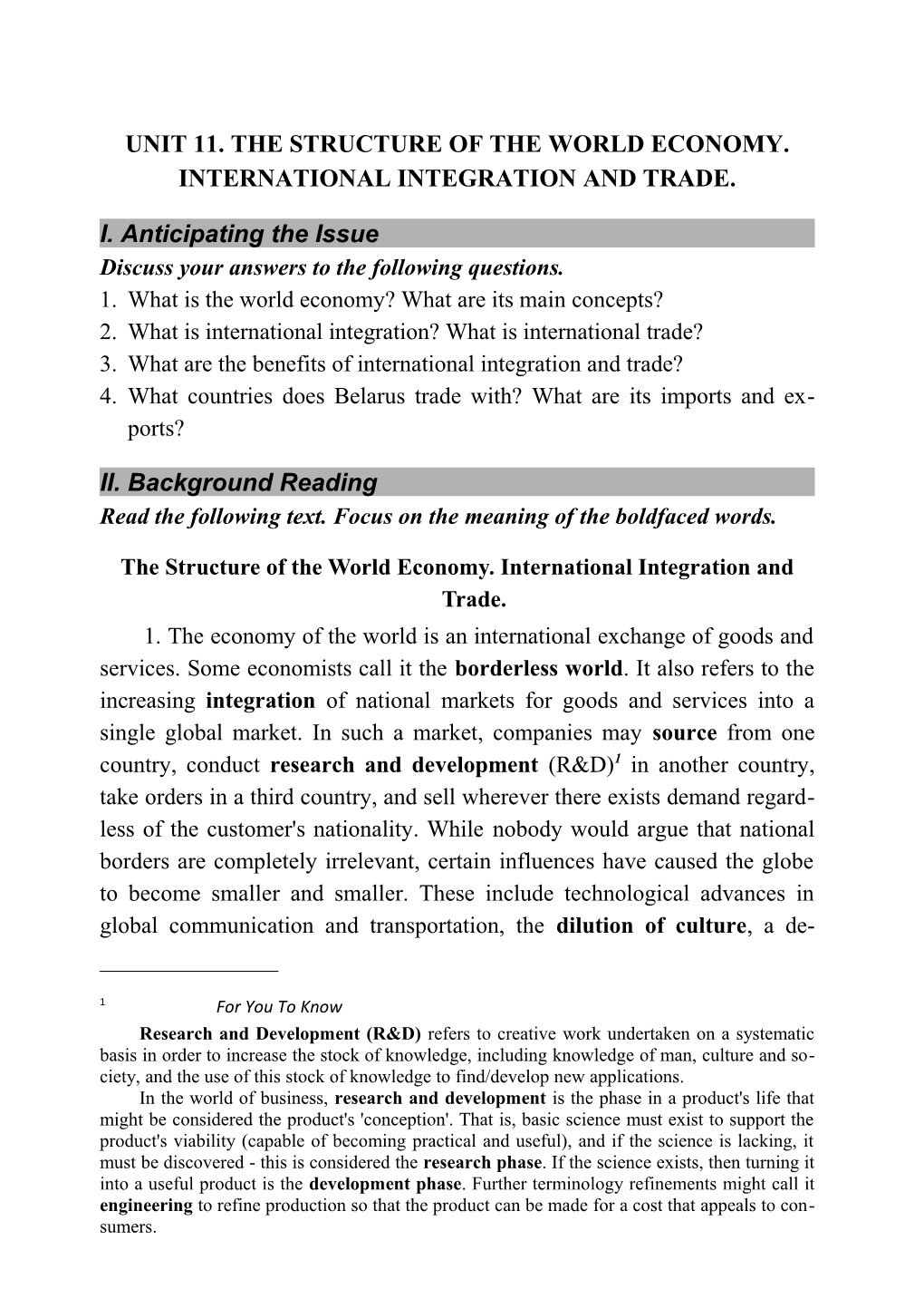 Unit 11. the Structure of the World Economy. International Integration and Trade