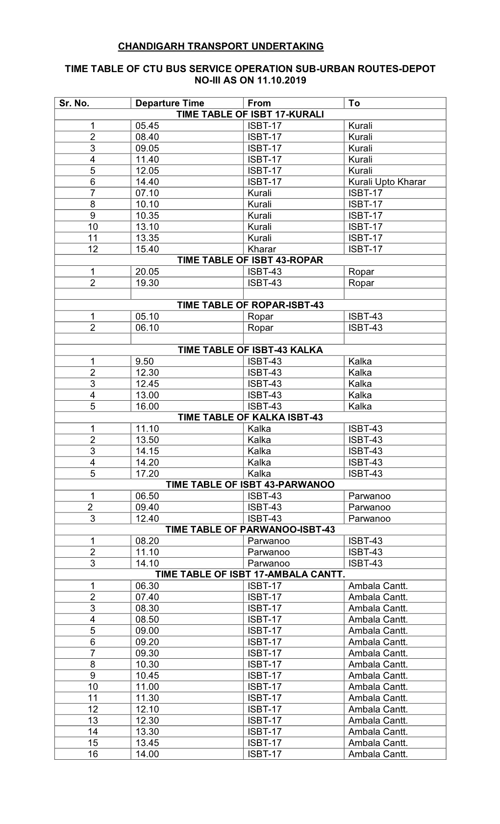 Chandigarh Transport Undertaking Time Table of Ctu Bus Service Operation