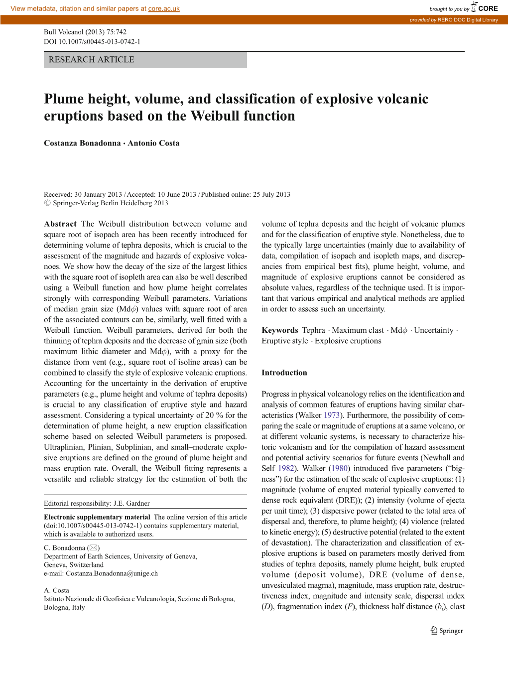 Plume Height, Volume, and Classification of Explosive Volcanic Eruptions Based on the Weibull Function