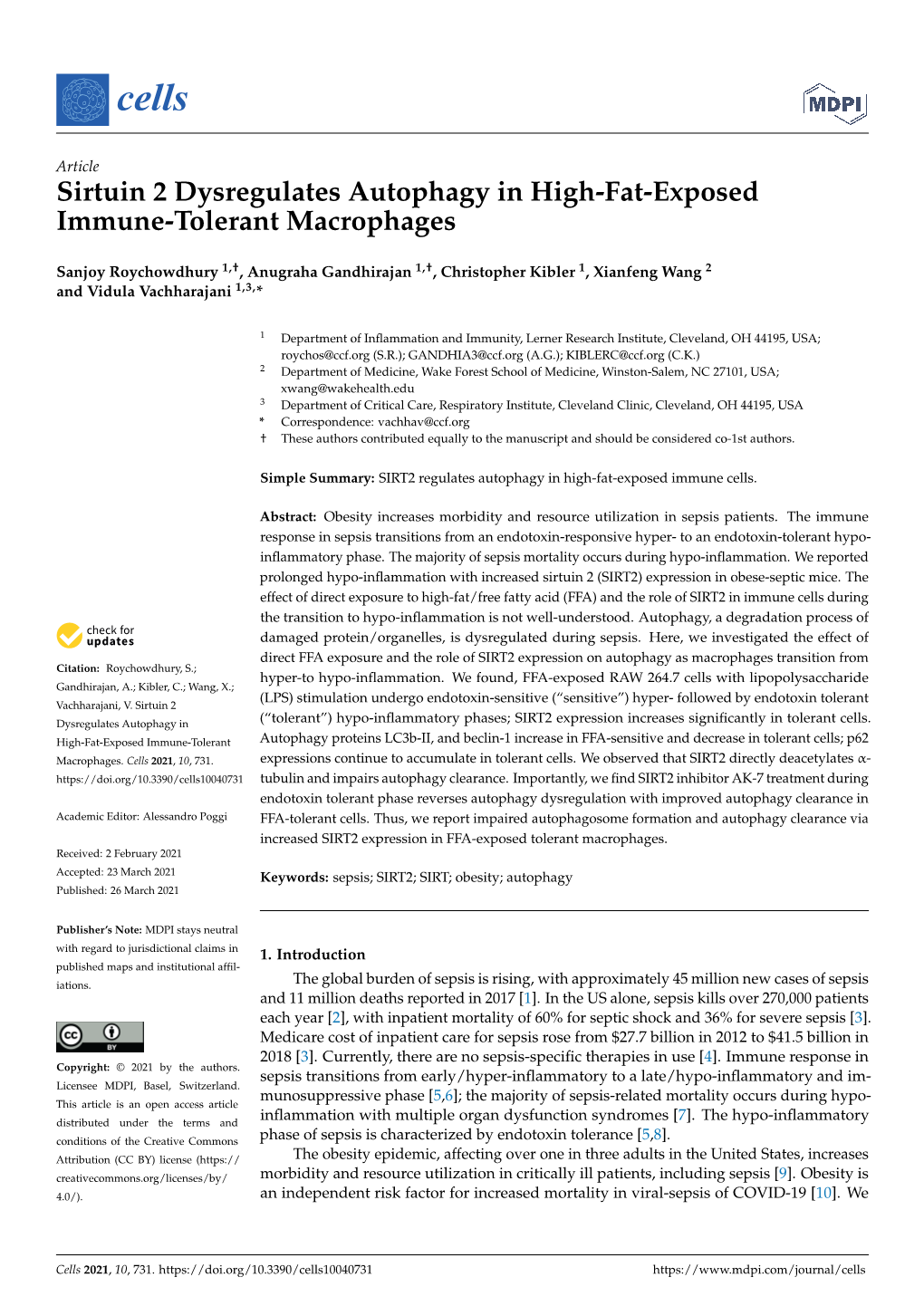 Sirtuin 2 Dysregulates Autophagy in High-Fat-Exposed Immune-Tolerant Macrophages