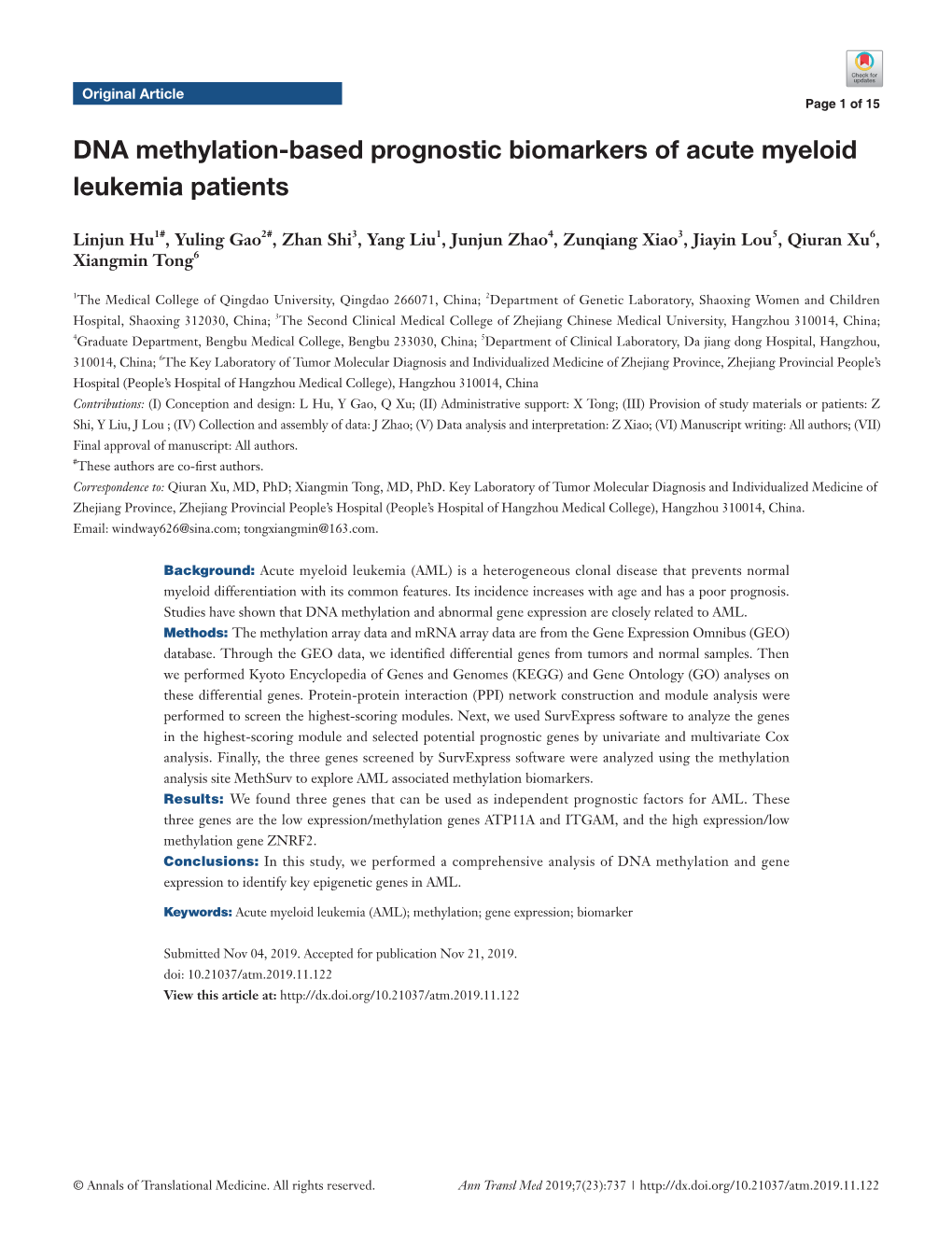 DNA Methylation-Based Prognostic Biomarkers of Acute Myeloid Leukemia Patients