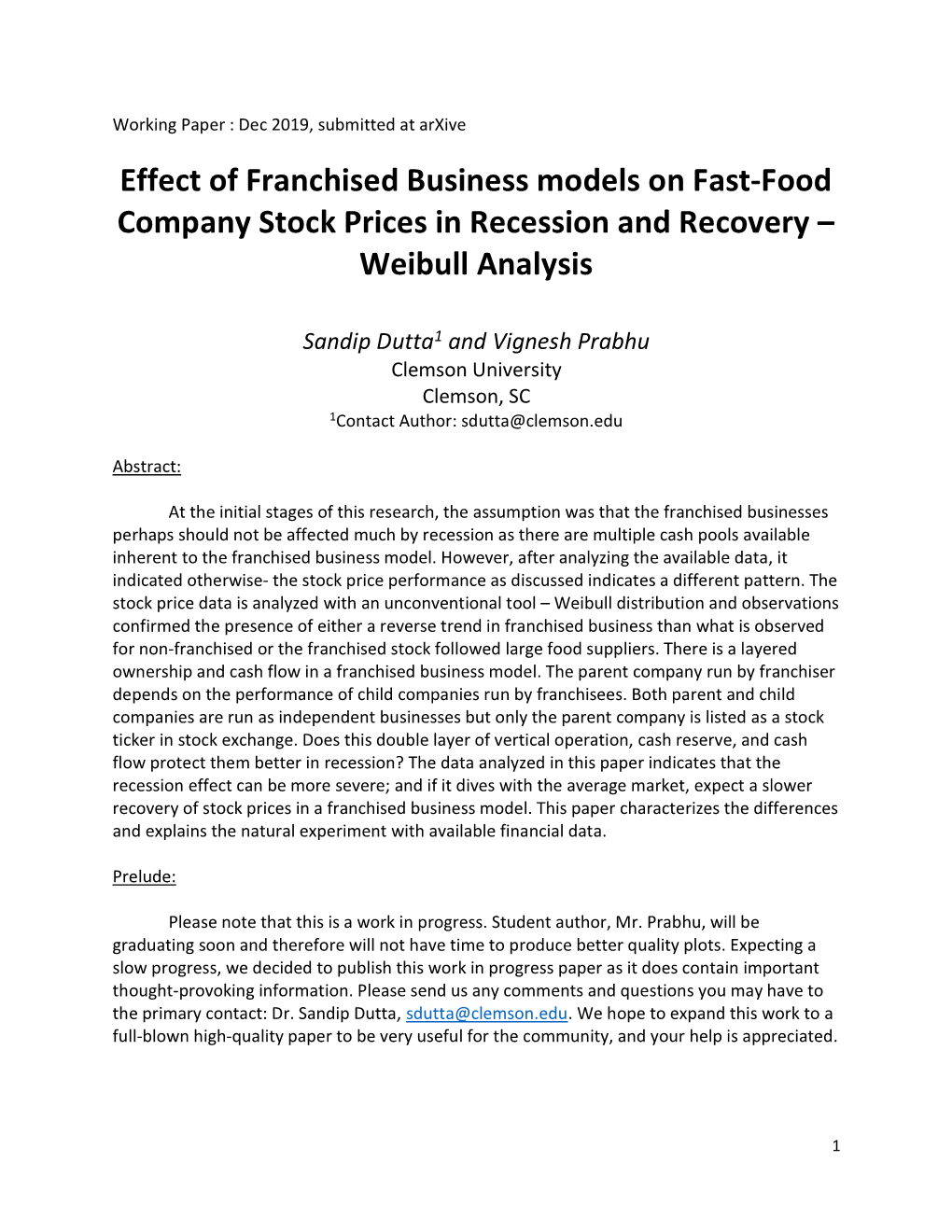 Effect of Franchised Business Models on Fast-Food Company Stock Prices in Recession and Recovery – Weibull Analysis
