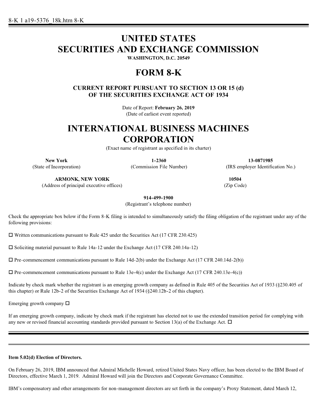 United States Securities and Exchange Commission Form 8-K International Business Machines Corporation