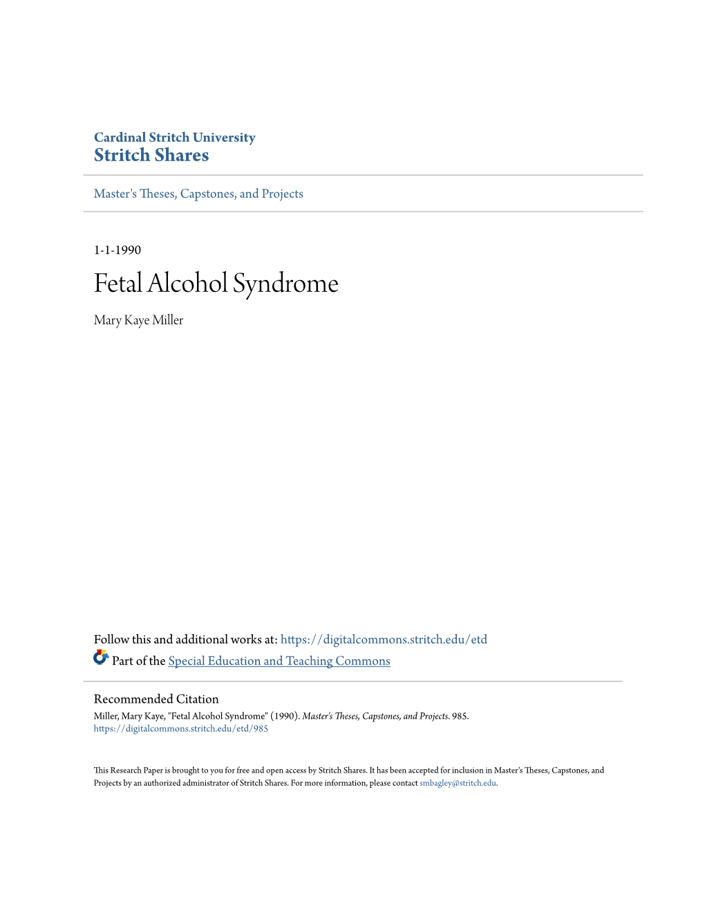 Fetal Alcohol Syndrome Mary Kaye Miller