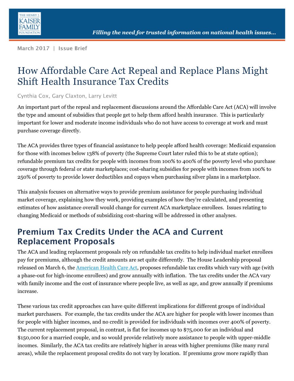 How Affordable Care Act Repeal and Replace Plans Might Shift Health Insurance Tax Credits