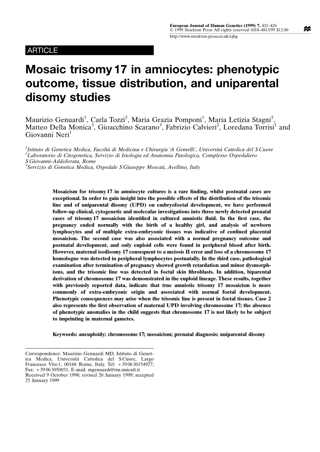 Mosaic Trisomy 17 in Amniocytes: Phenotypic Outcome, Tissue Distribution, and Uniparental Disomy Studies