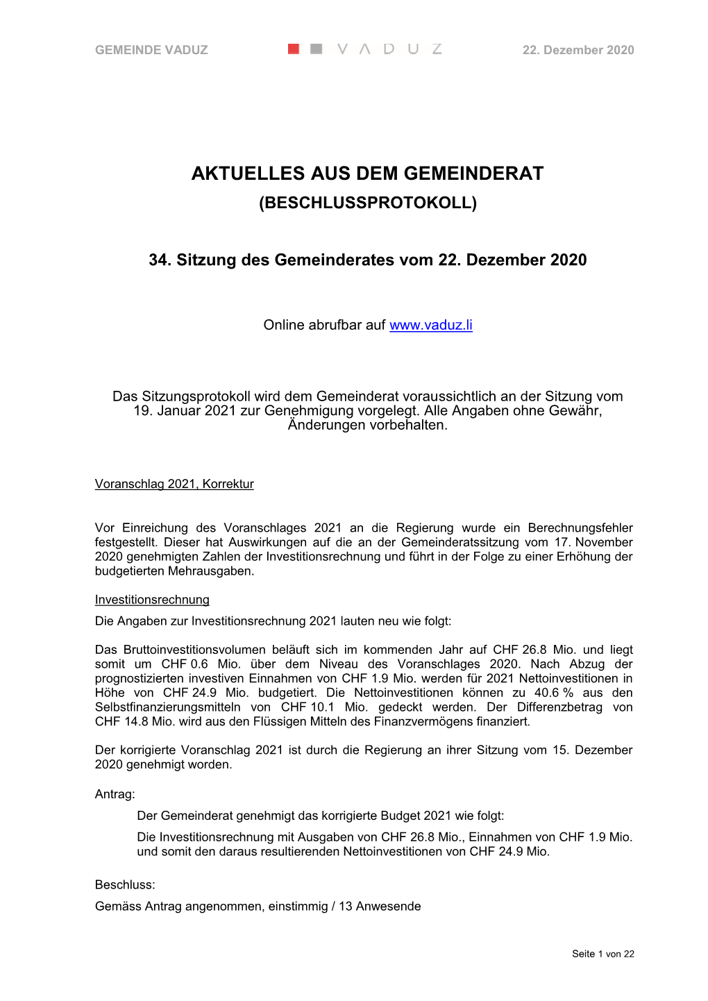 Aktuelles Aus Dem Gemeinderat (Beschlussprotokoll)