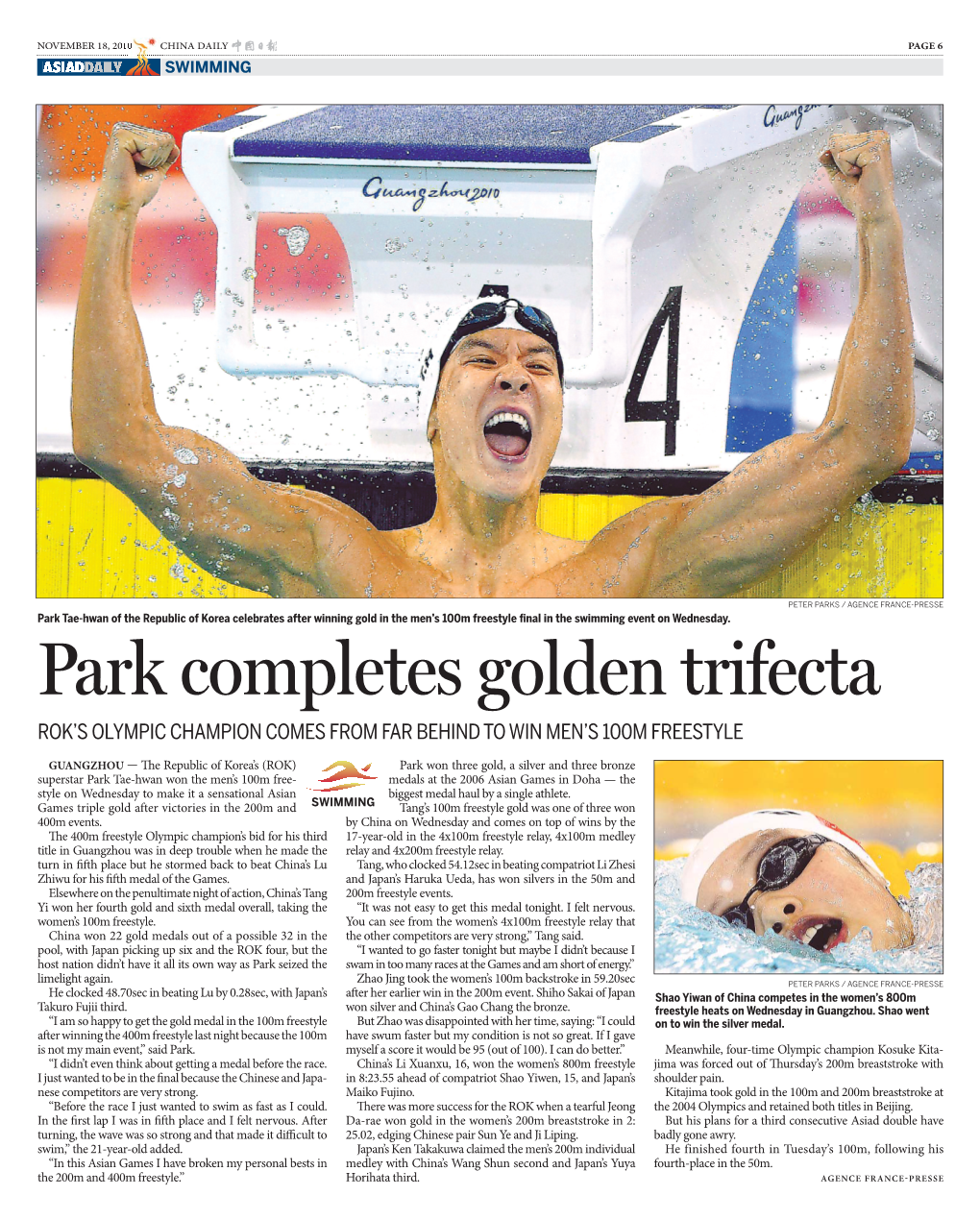 Park Completes Golden Trifecta ROK’S OLYMPIC CHAMPION COMES from FAR BEHIND to WIN MEN’S 100M FREESTYLE