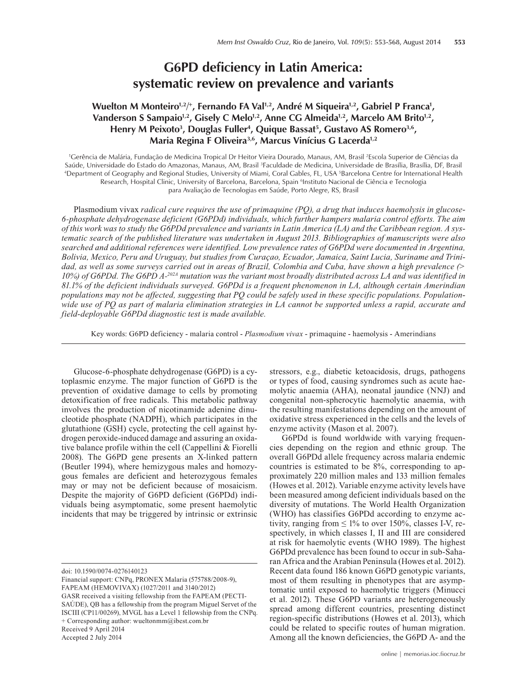 G6PD Deficiency in Latin America: Systematic Review on Prevalence and Variants