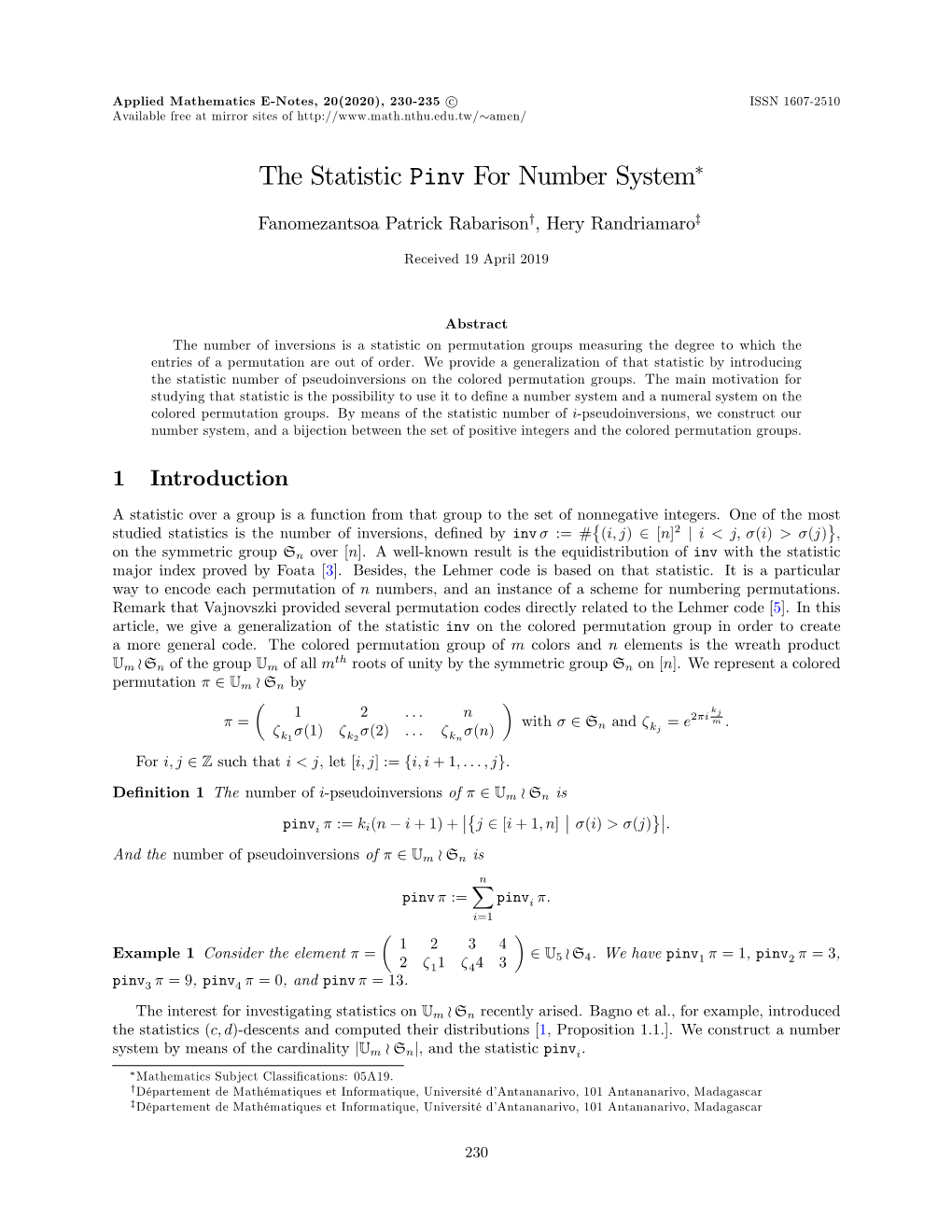 The Statistic Pinv for Number System∗