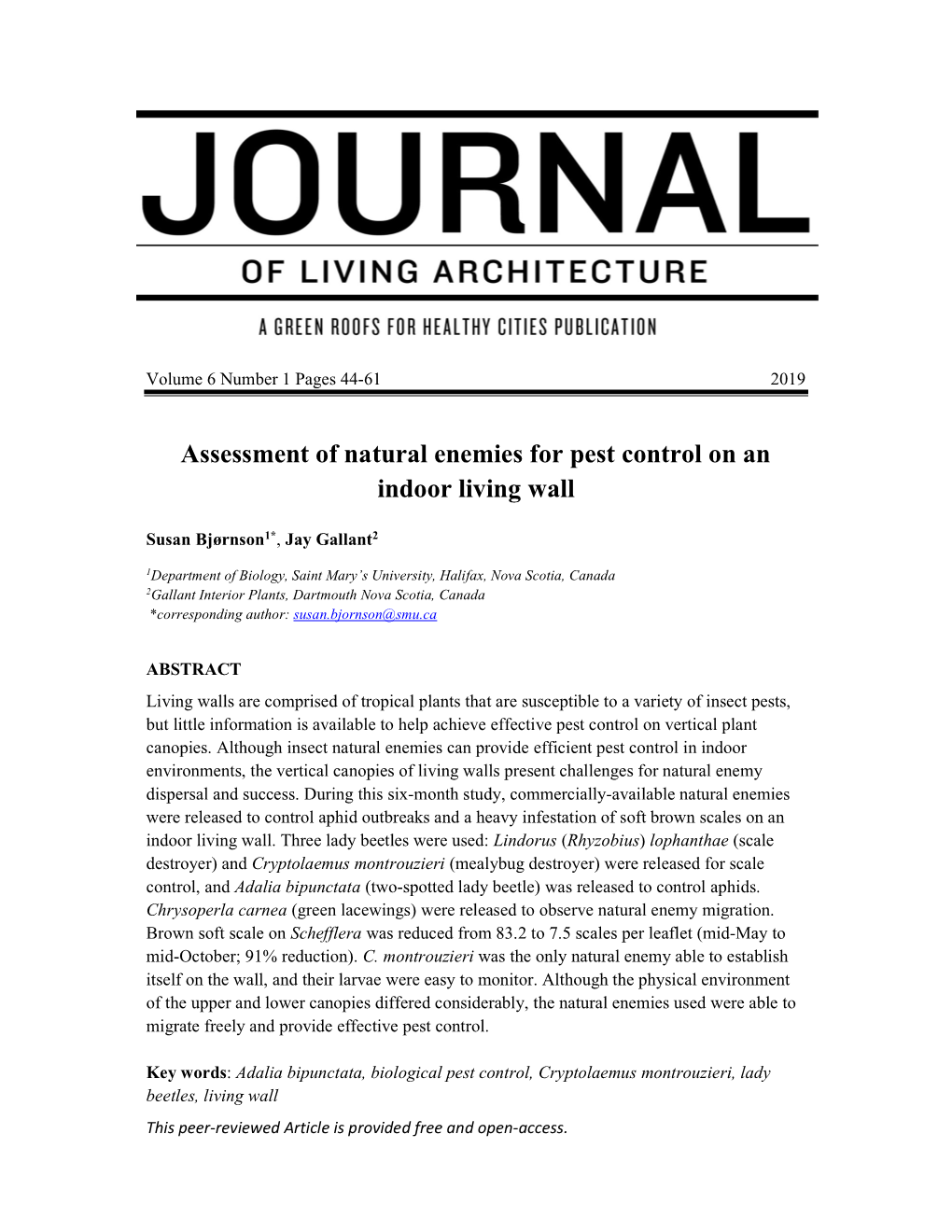 Assessment of Natural Enemies for Pest Control on an Indoor Living Wall