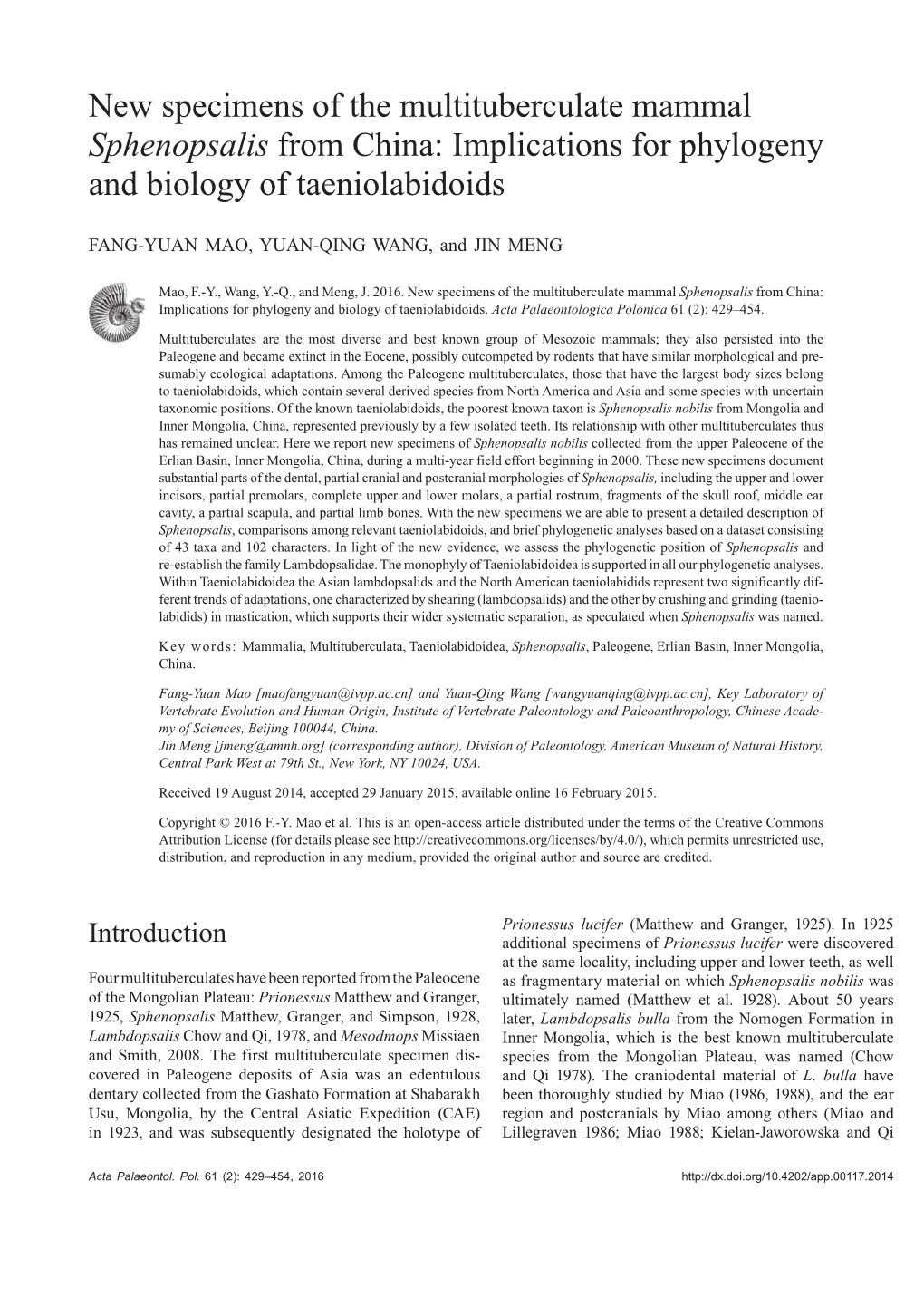 New Specimens of the Multituberculate Mammal Sphenopsalis from China: Implications for Phylogeny and Biology of Taeniolabidoids