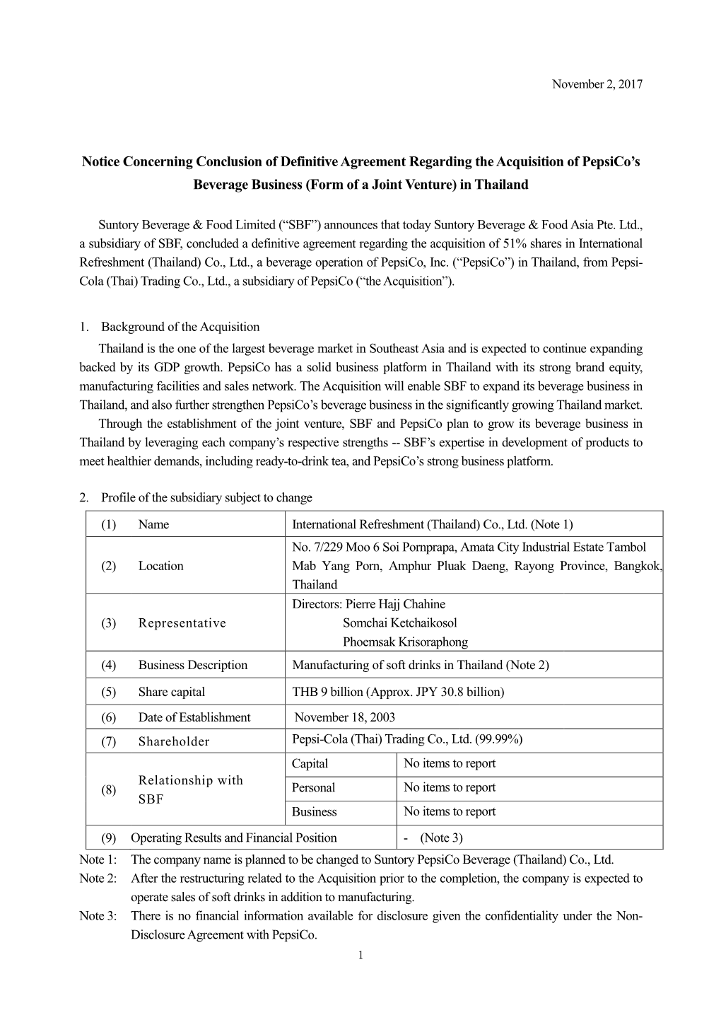 Notice Concerning Conclusion of Definitive Agreement Regarding the Acquisition of Pepsico’S Beverage Business (Form of a Joint Venture) in Thailand