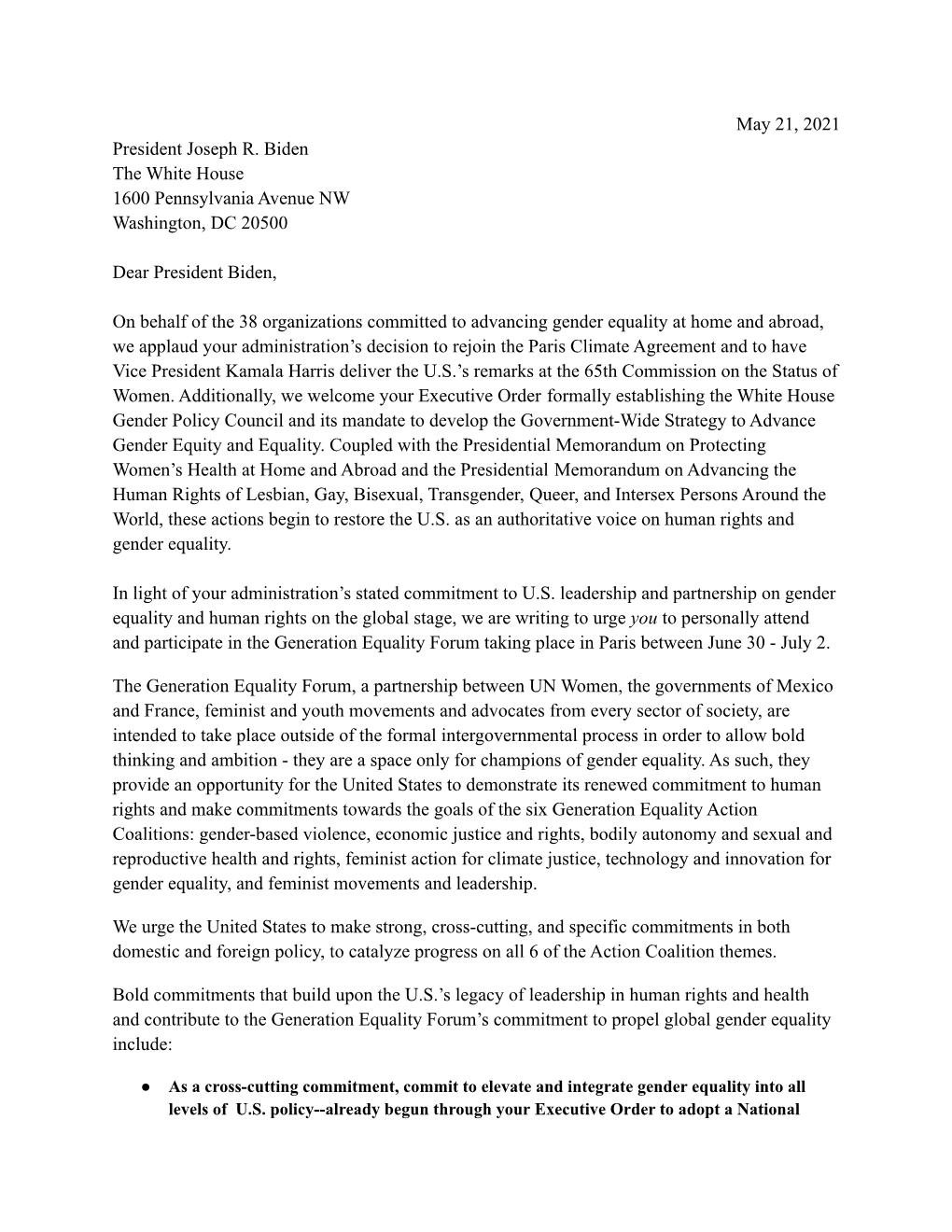 Generation Equality Forum Letter to President Biden