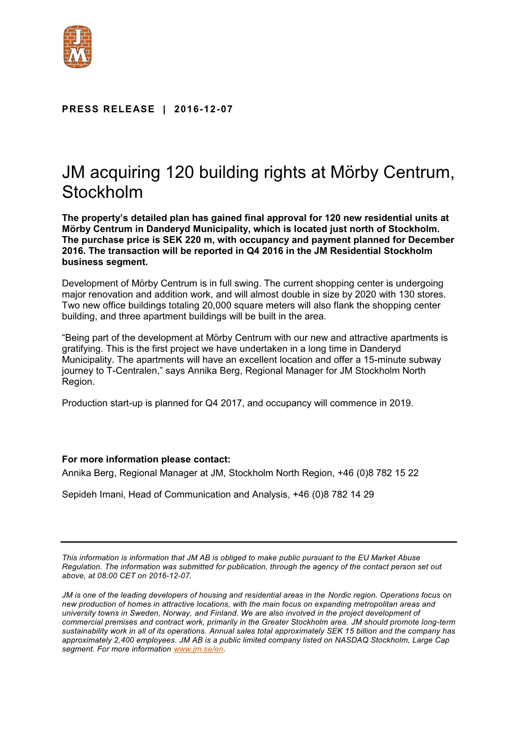 JM Acquiring 120 Building Rights at Mörby Centrum, Stockholm