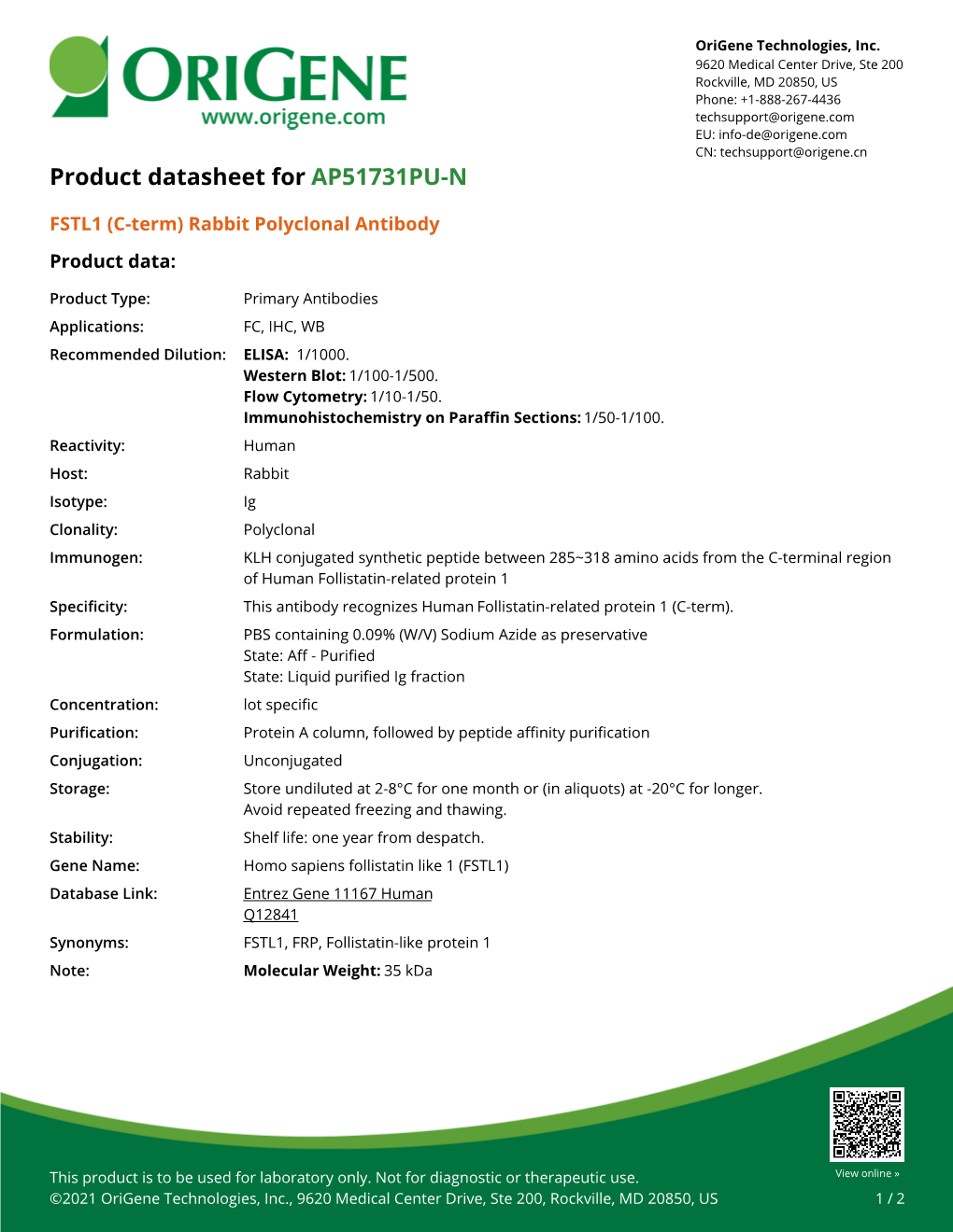 FSTL1 (C-Term) Rabbit Polyclonal Antibody – AP51731PU-N | Origene