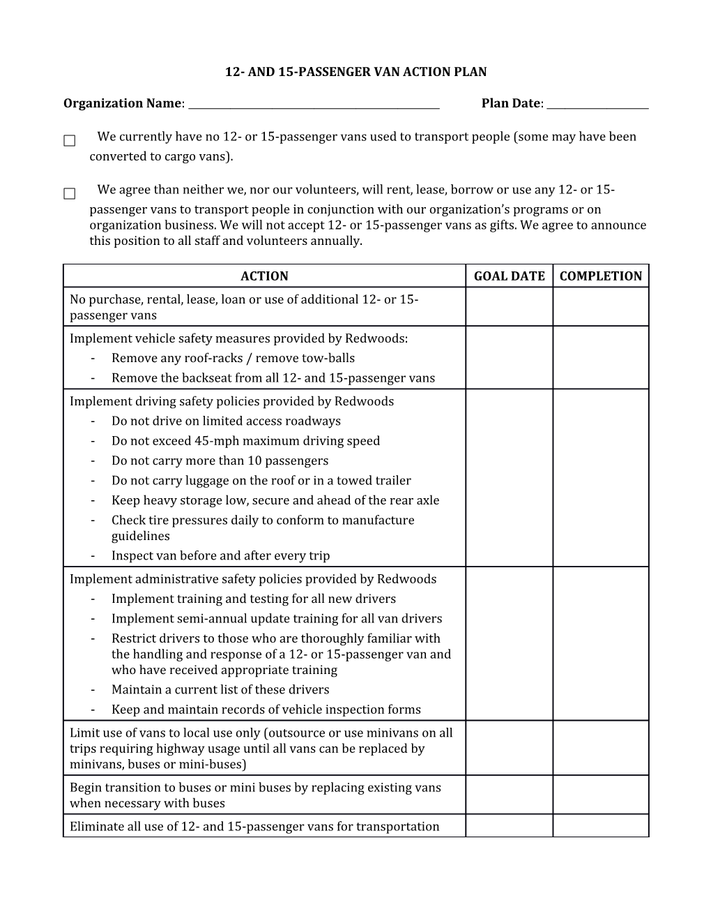 12- and 15-Passenger Van Action Plan