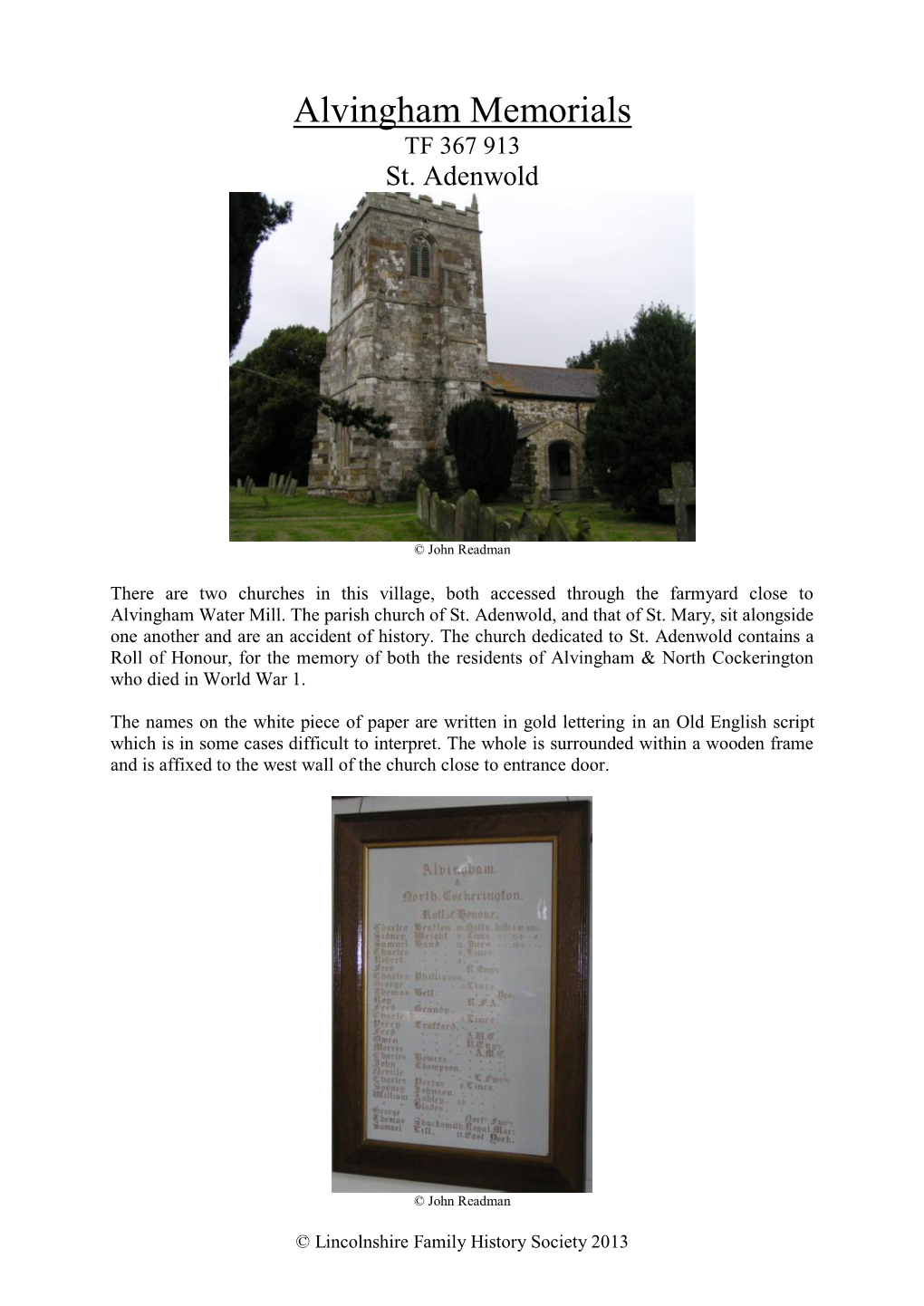 Alvingham Memorials TF 367 913 St