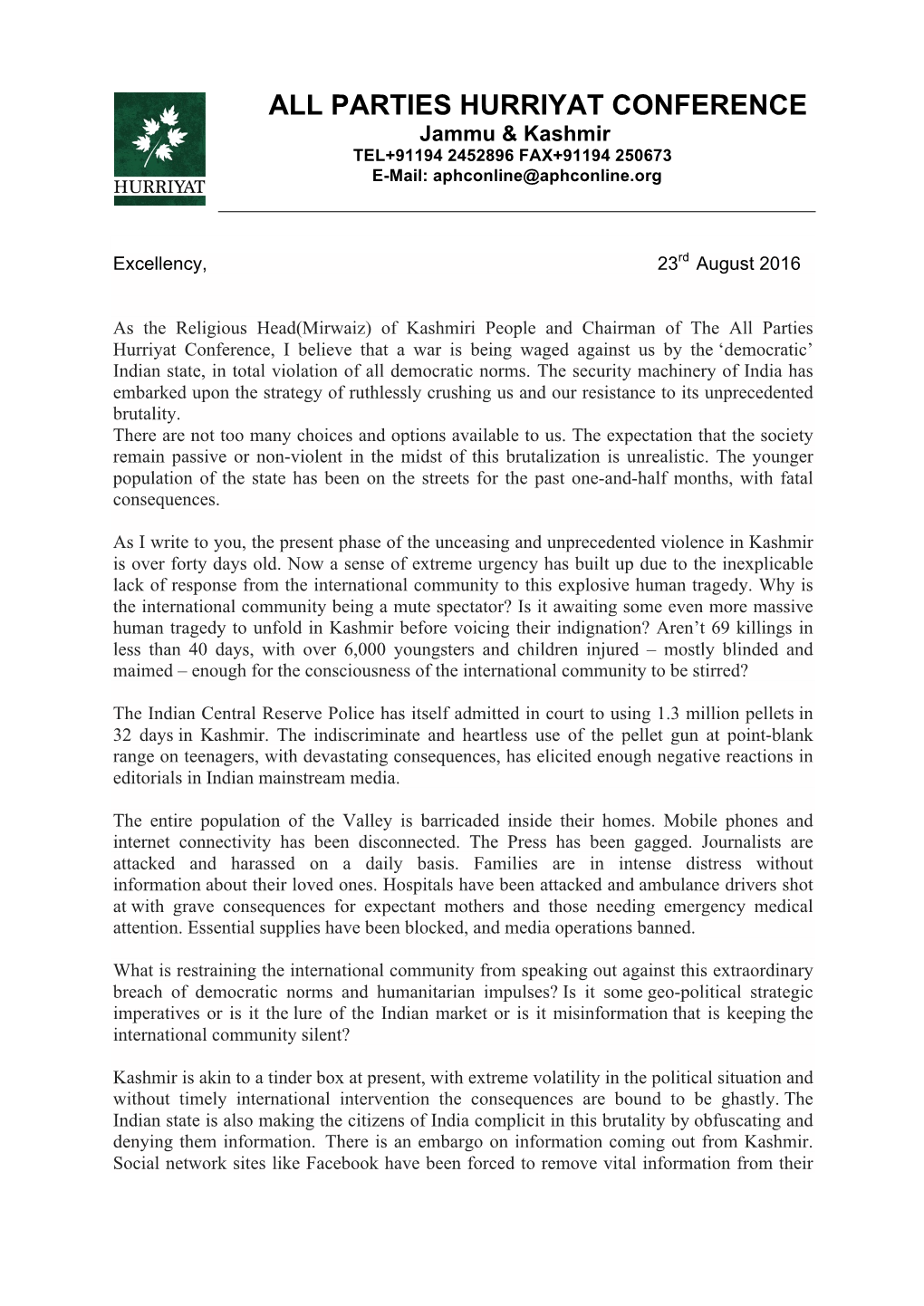 Letter of Mirwaiz Chairman of the All Parties Hurriyat Conference