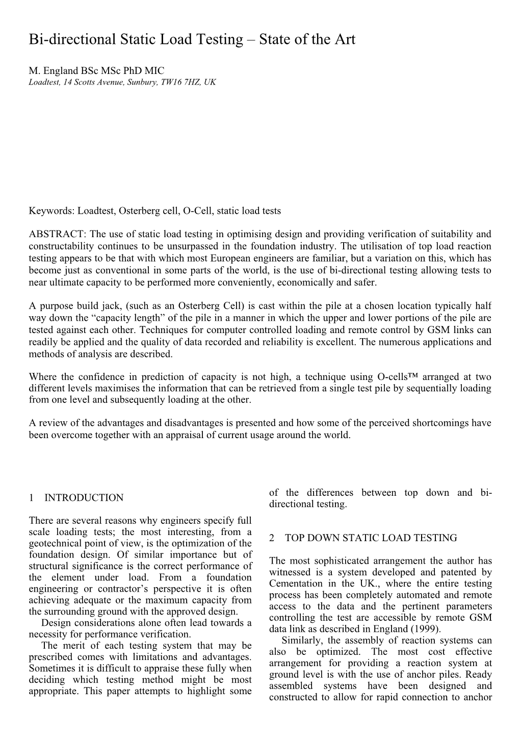 Bi-Directional Static Load Testing – State of the Art