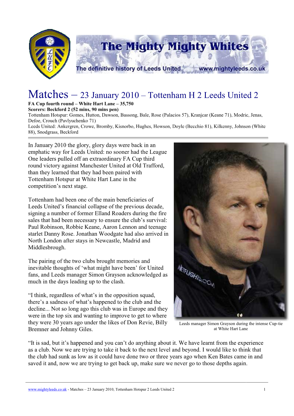 Matches – 23 January 2010 – Tottenham H 2 Leeds