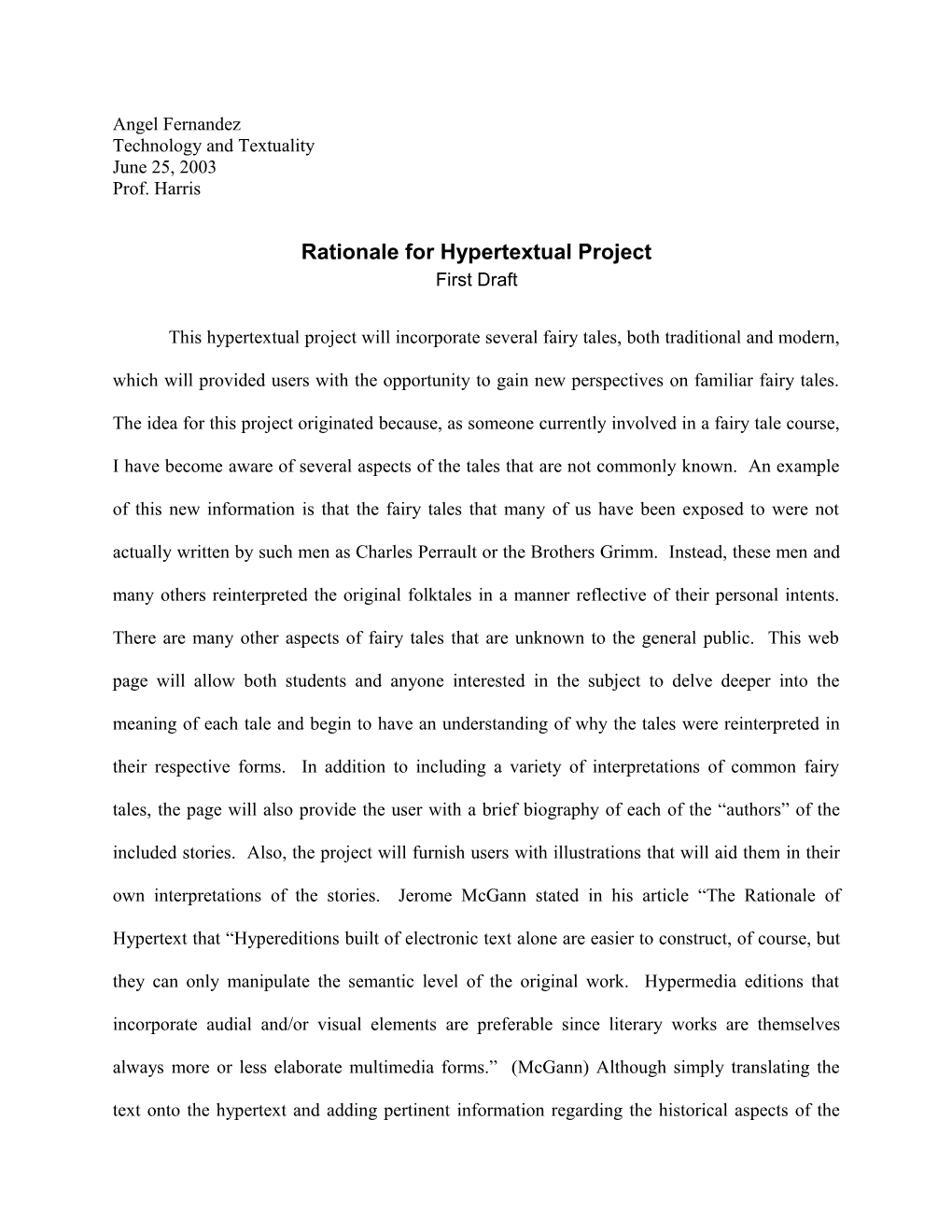 Rationale for Hypertextual Project