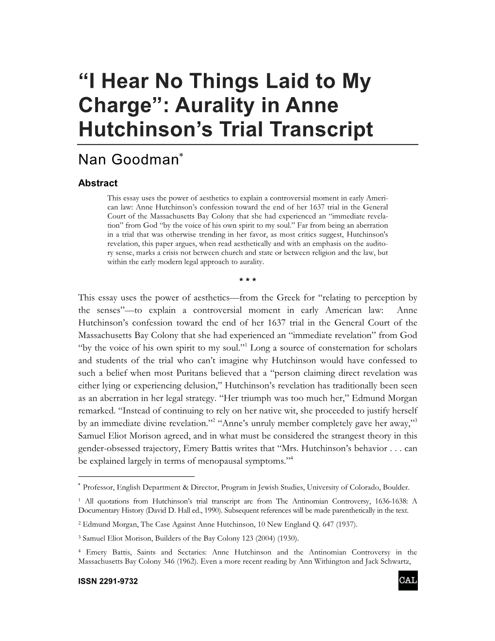 “I Hear No Things Laid to My Charge”: Aurality in Anne Hutchinson's Trial