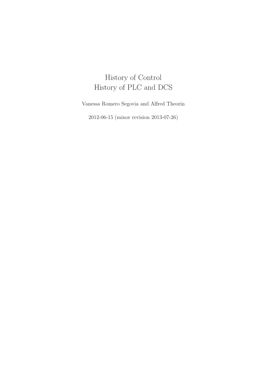 History of Control History of PLC and DCS