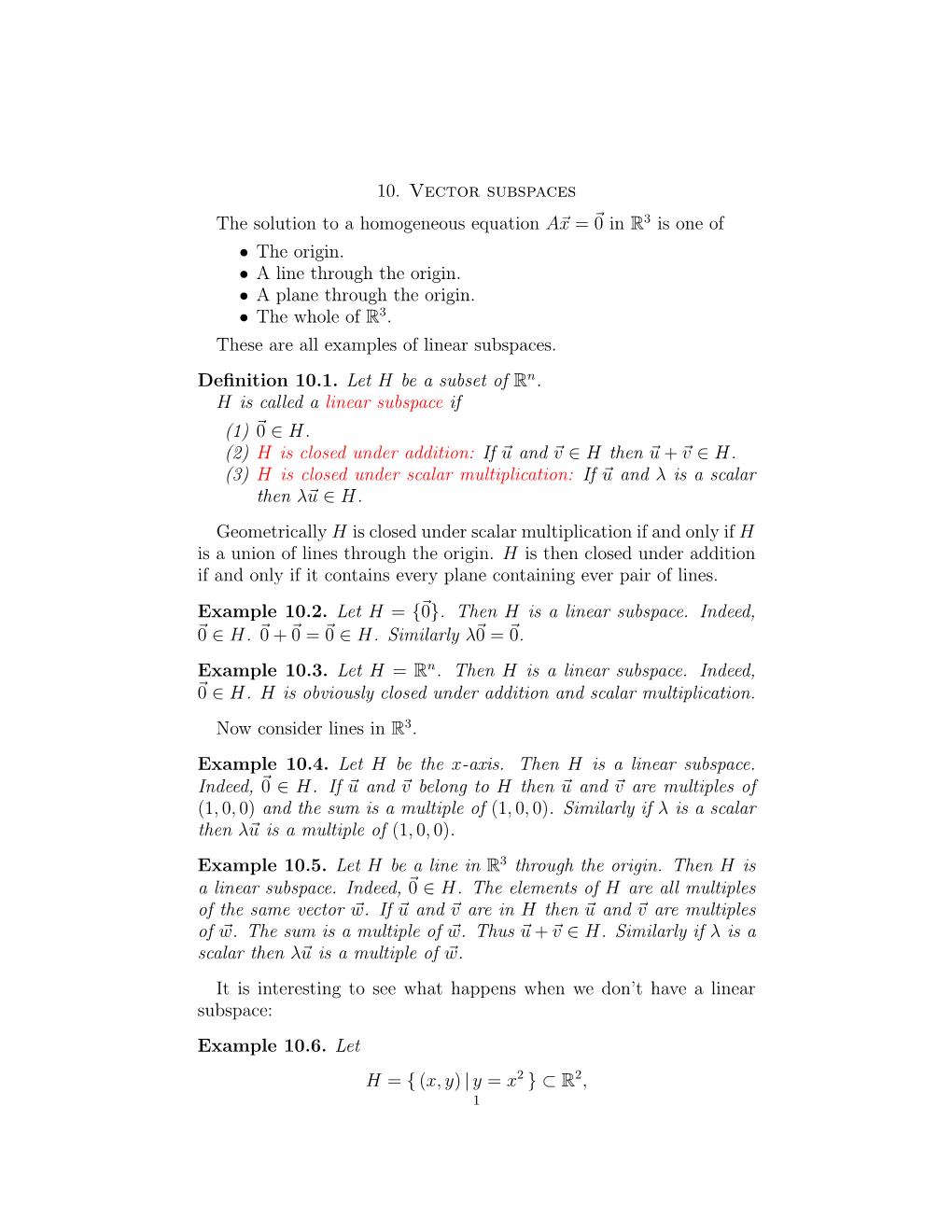 10. Vector Subspaces the Solution to a Homogeneous Equation a X = 0